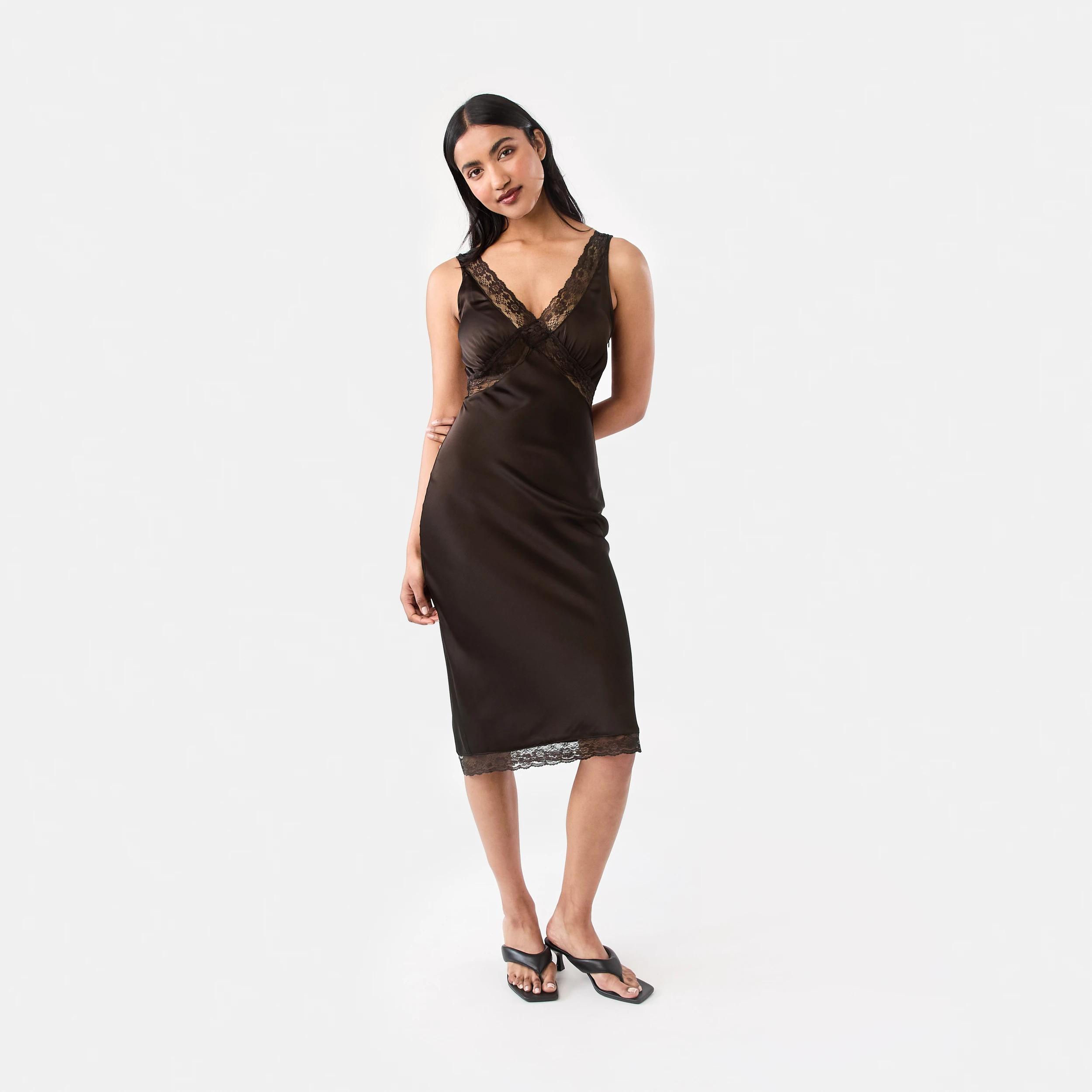 1 Satin Lace Midi Dress Melt Brown, 1 of 6