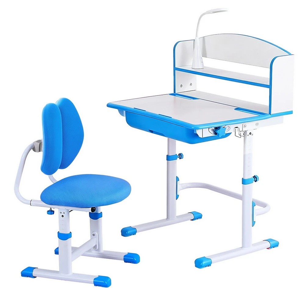 1 Keezi Kids Study Desk Chair Set Adjustable Ergonomic Table LED Lamp - Blue, 1 of 6