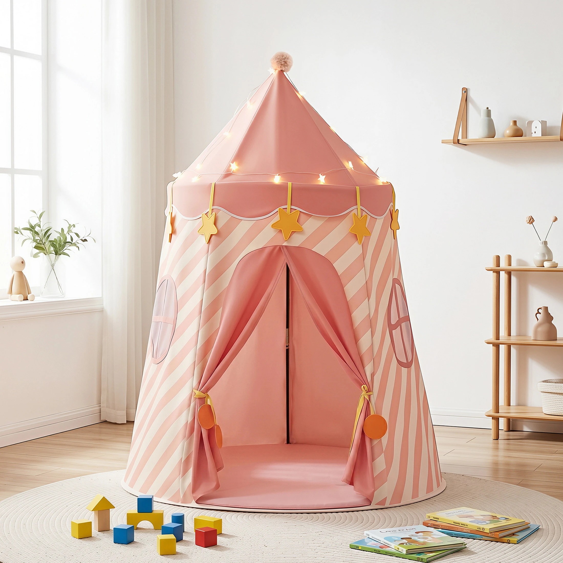 5 Keezi Kids Play Tent with Star Lights – 116x153cm Playhouse with Window & Carry Bag - Pink, 5 of 7
