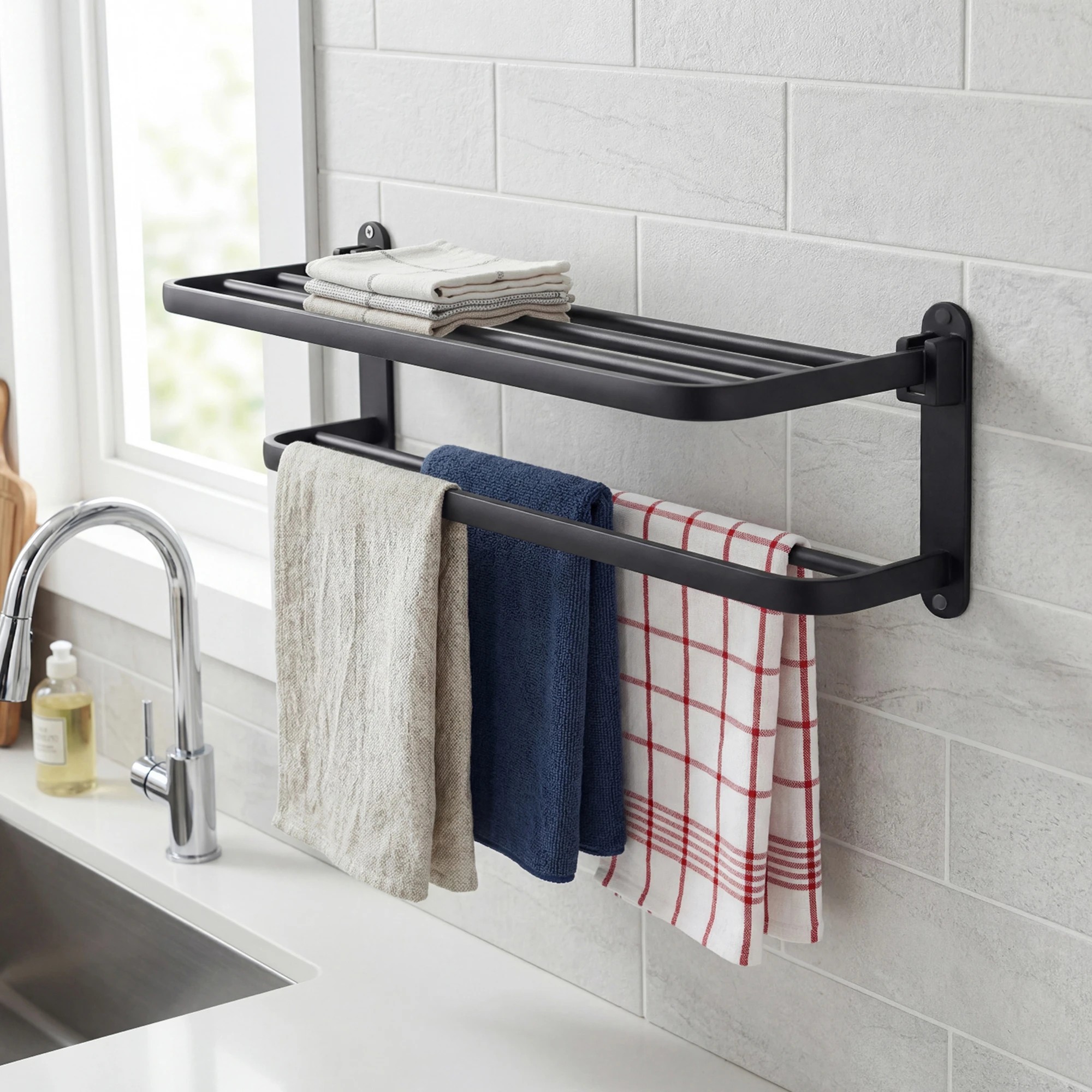 8 Levede Towel Rack Bathroom 2 Bars Rail Holder Wall Mounted Storage Shelf Black, 8 of 8