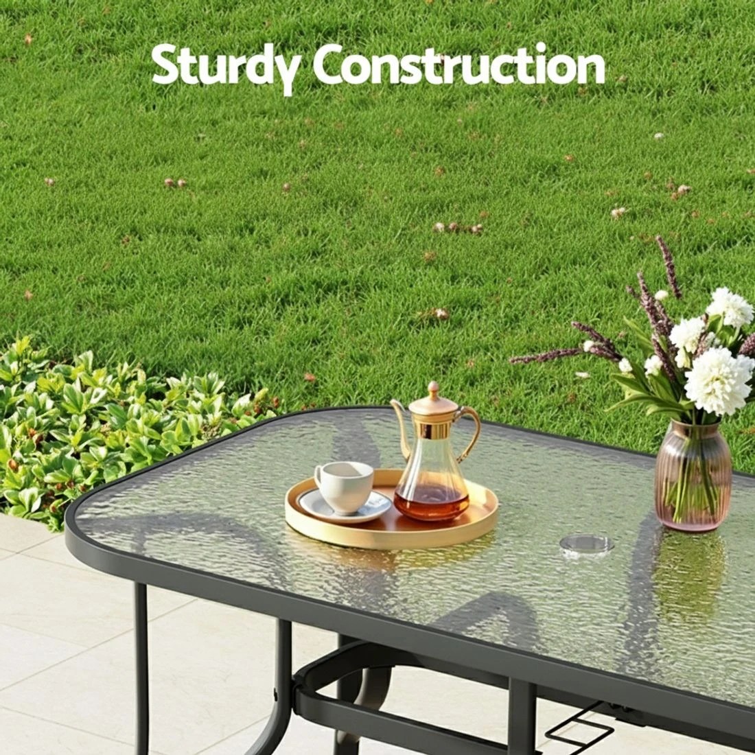 5 Gardeon 120CM Outdoor Dining Table Steel Parasol Hole Desk Patio Furniture - Black, 5 of 6