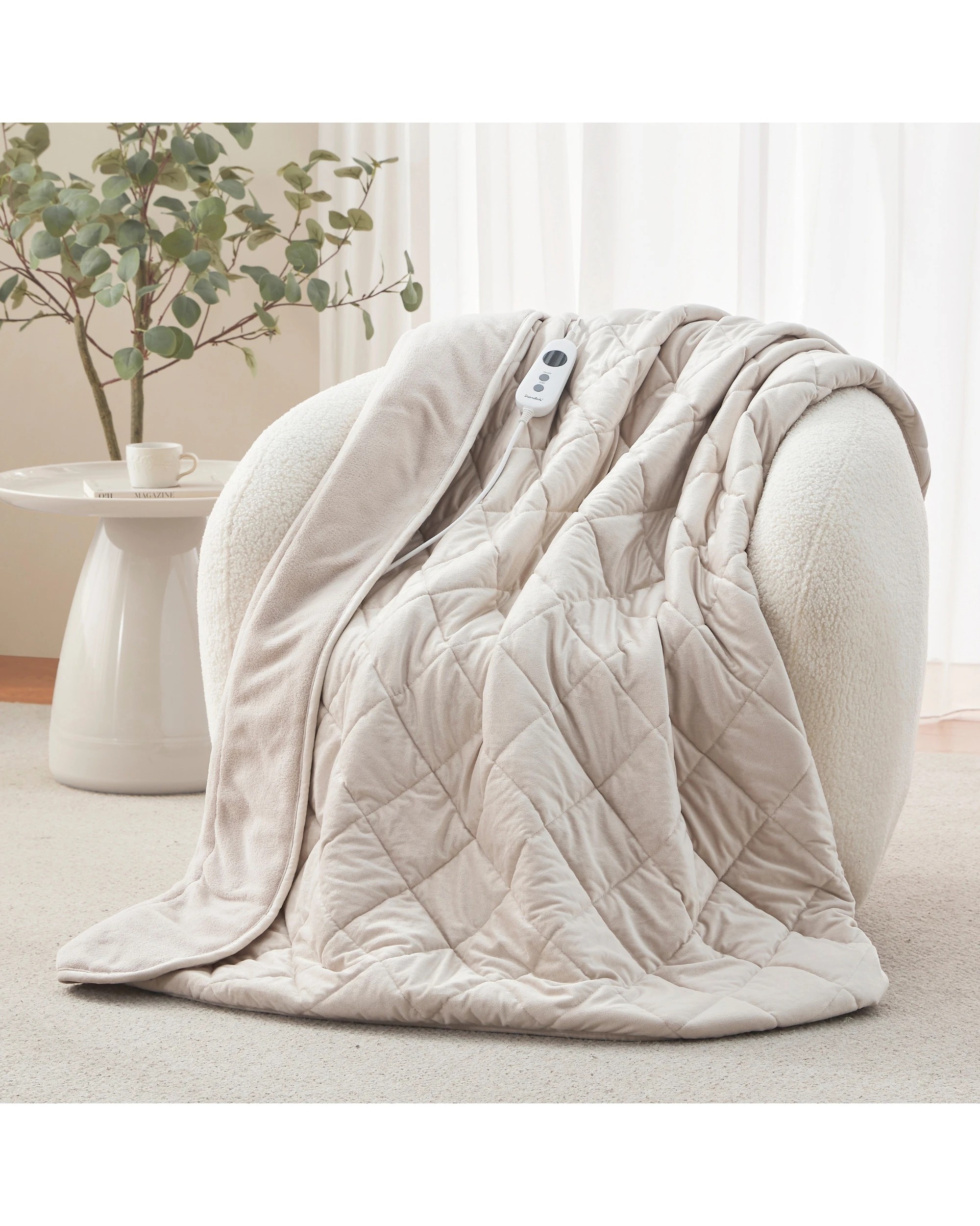 1 Dreamaker Haven Quilted Velvet Heated Throw 130x160cm - Stone, 1 of 8