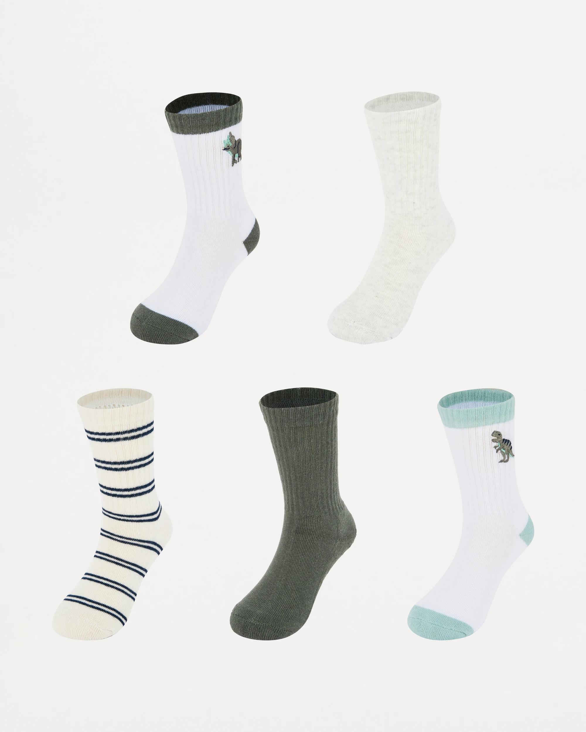 1 5 Pack Crew Socks Wht Dino, 1 of 3
