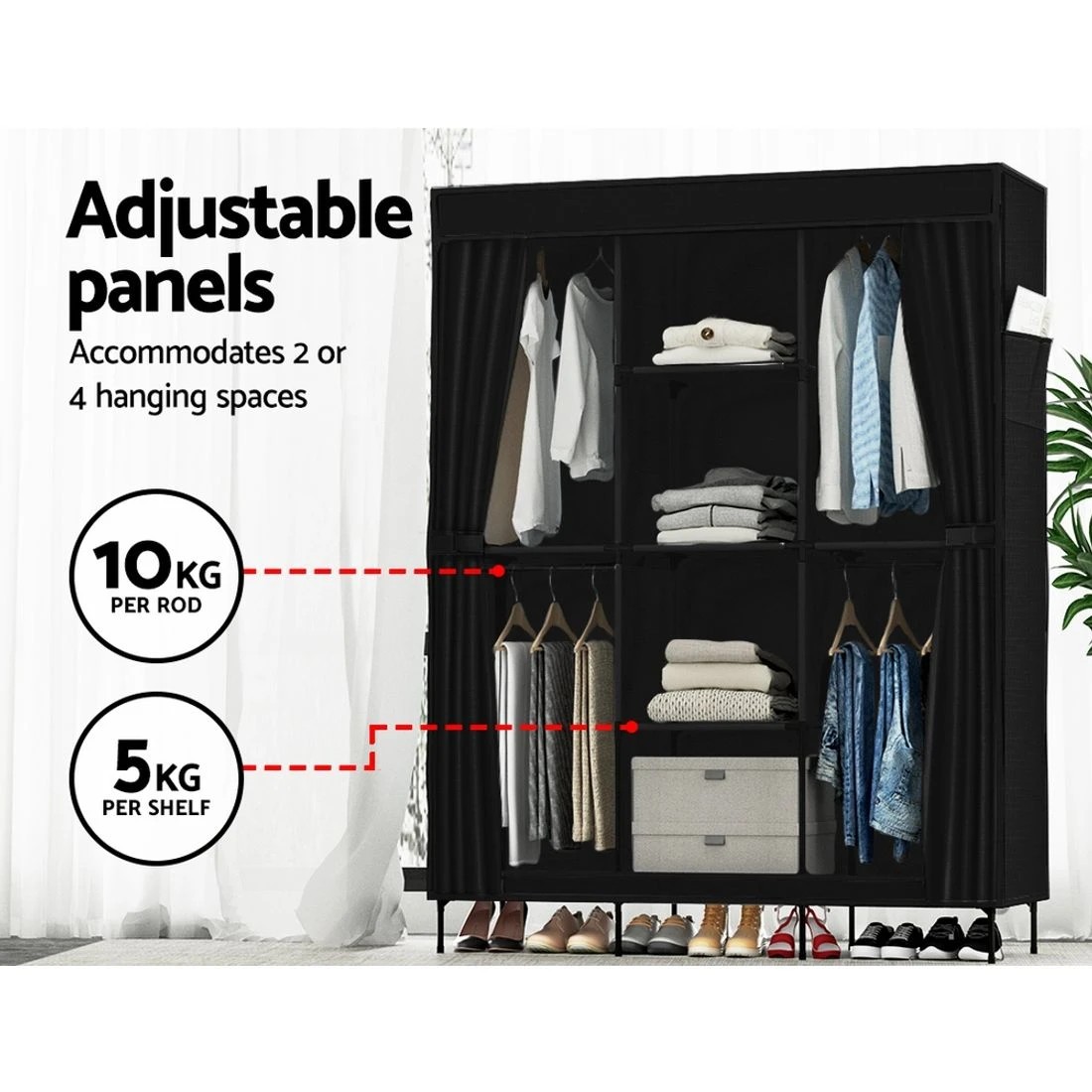 6 Artiss Portable Clothes Closet Large Wardrobe With Shelf Hanging Storage Dustproof Space Saving Easy Assembly - Black, 6 of 8