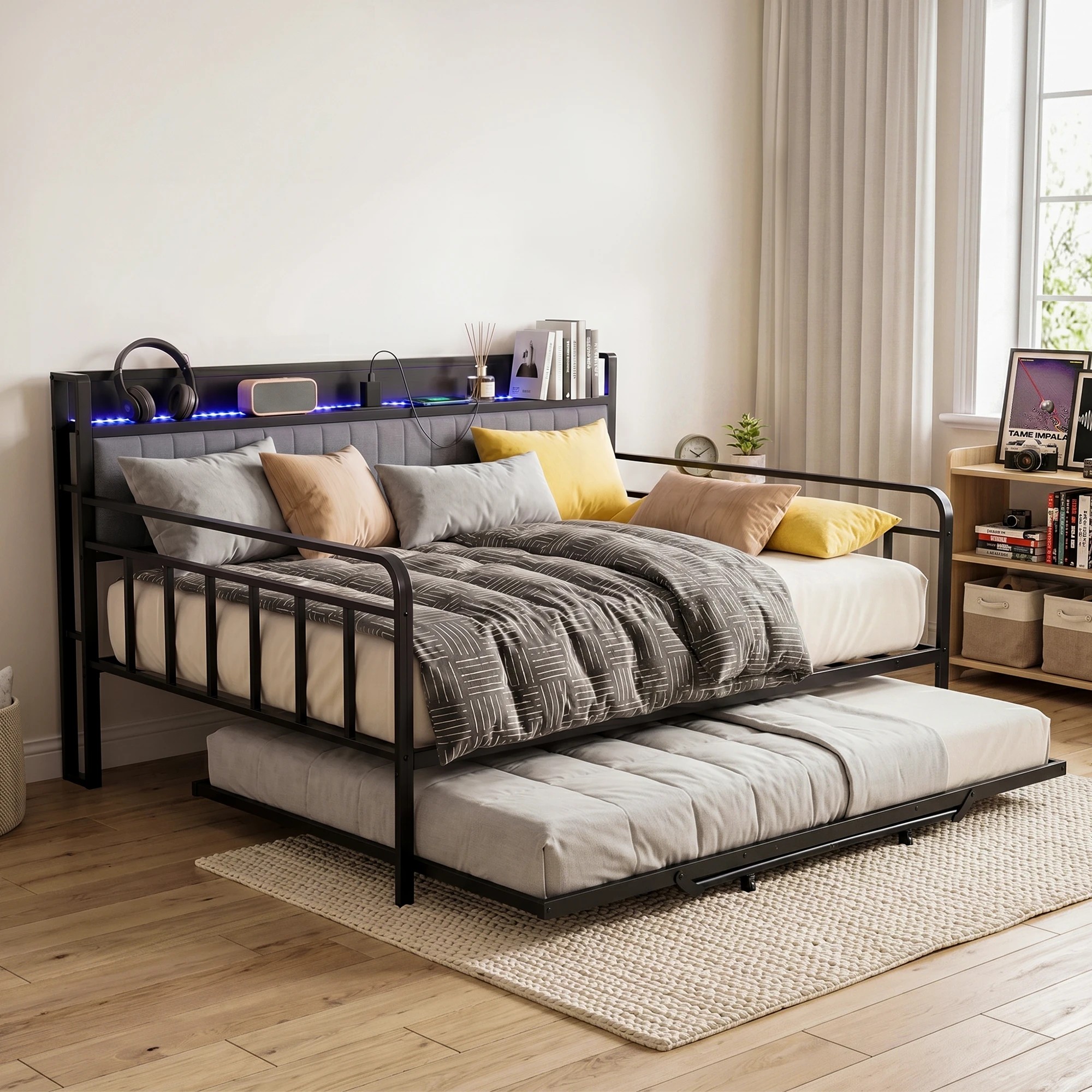 8 Artiss Bed Frame LED Metal Trundle Daybed with Charging Station - Double Bed - Black, 8 of 8