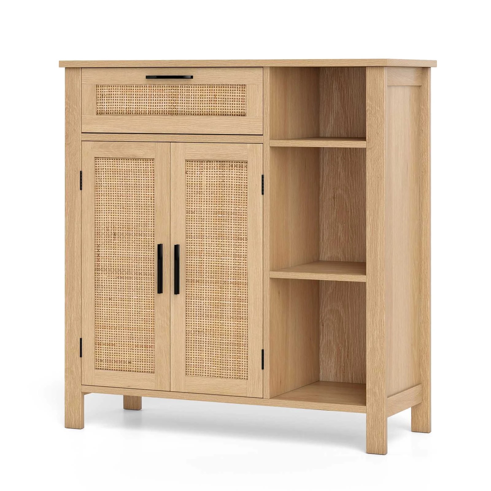 1 Costway Buffet Sideboard Hallway Storage Cabinet w/Rattan Doors - Natural, 1 of 4