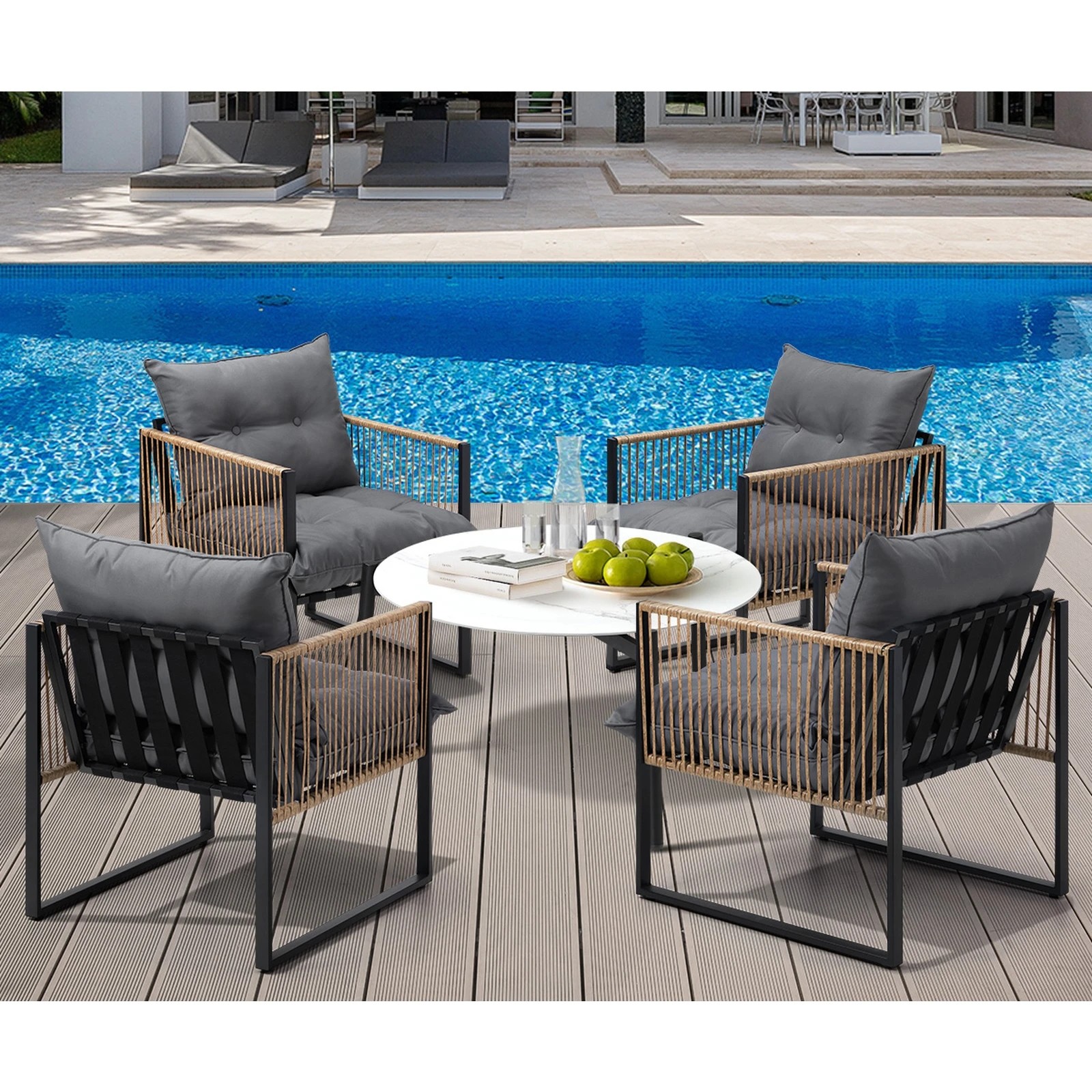 4 Livsip Outdoor Patio Set Furniture White 70cm Coffee Table Rattan Chairs 5PCS - Multi, 4 of 9