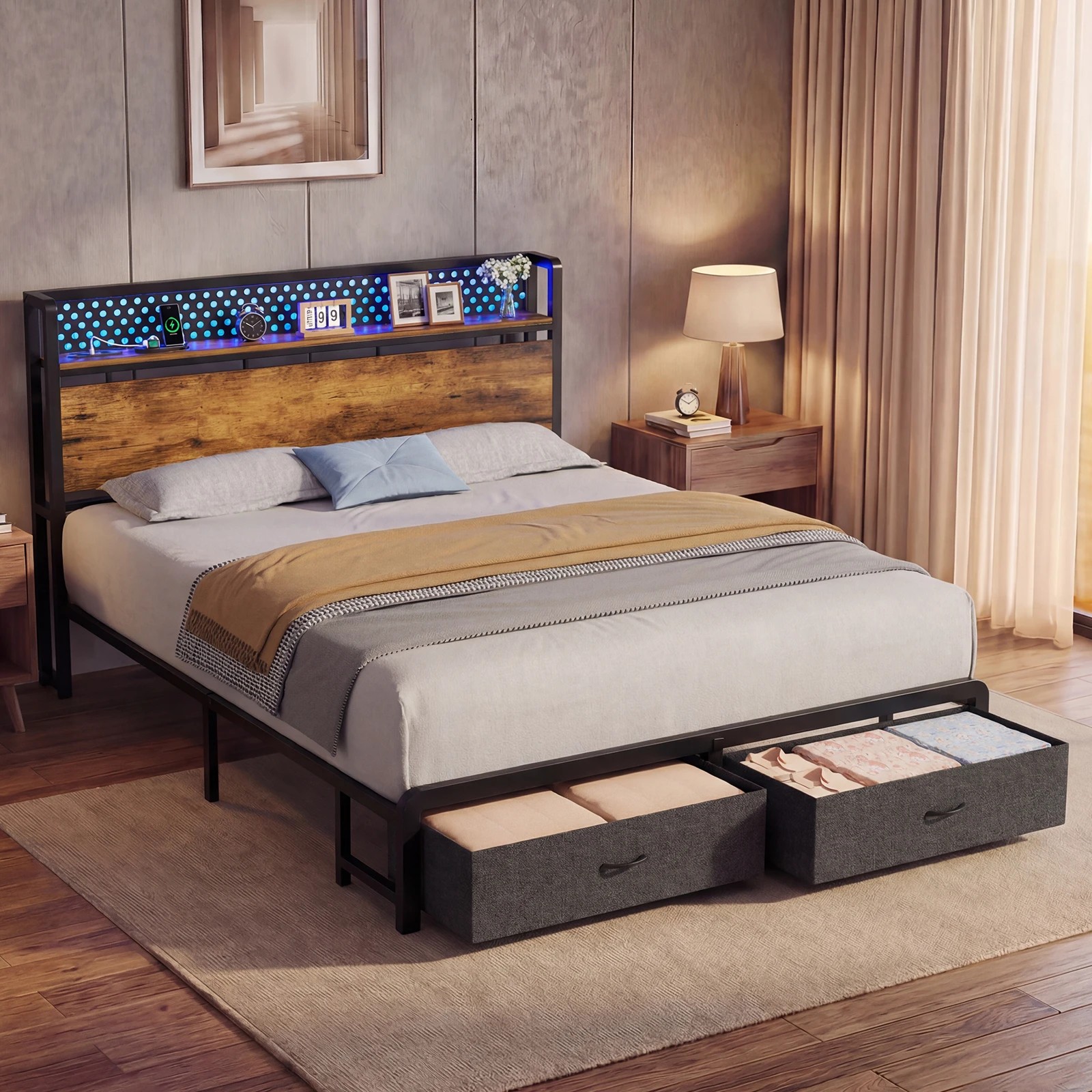 7 Advwin Queen Size LED Bed Frame with Charging and 2 Drawers - Brown, 7 of 9