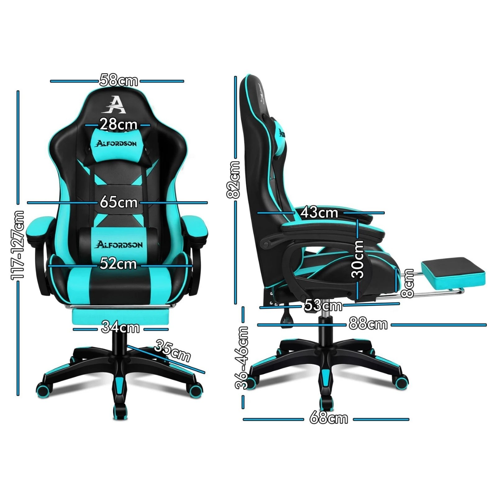 4 Alfordson Gaming Office Chair Massage Racing Computer Seat Footrest Leather - Cyan, 4 of 10