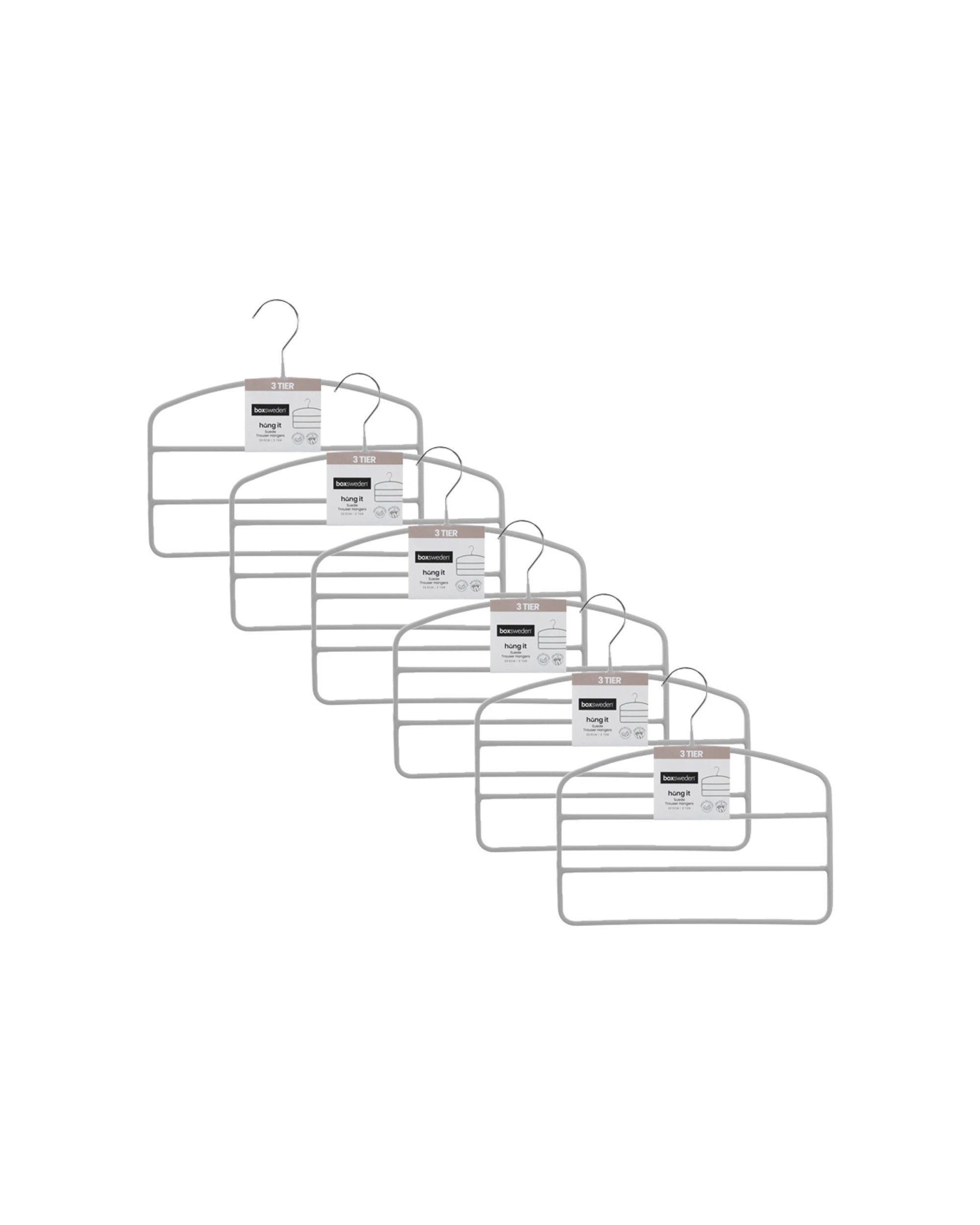 1 Boxsweden 6pc Hangit Suede 3 Tier Trouser Wardrobe Clothes Hanger Organiser - Grey, 1 of 5