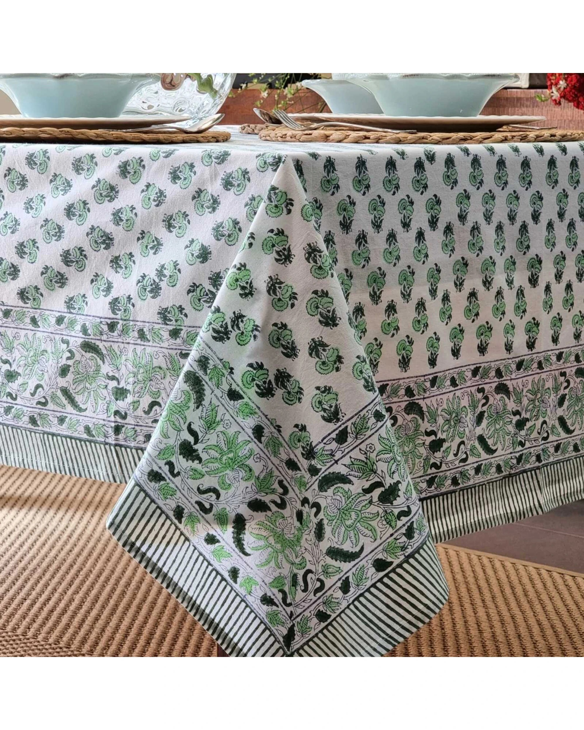 1 Kolka Rosemary Hand Block-Printed Cotton Tablecloth - Green, 1 of 5