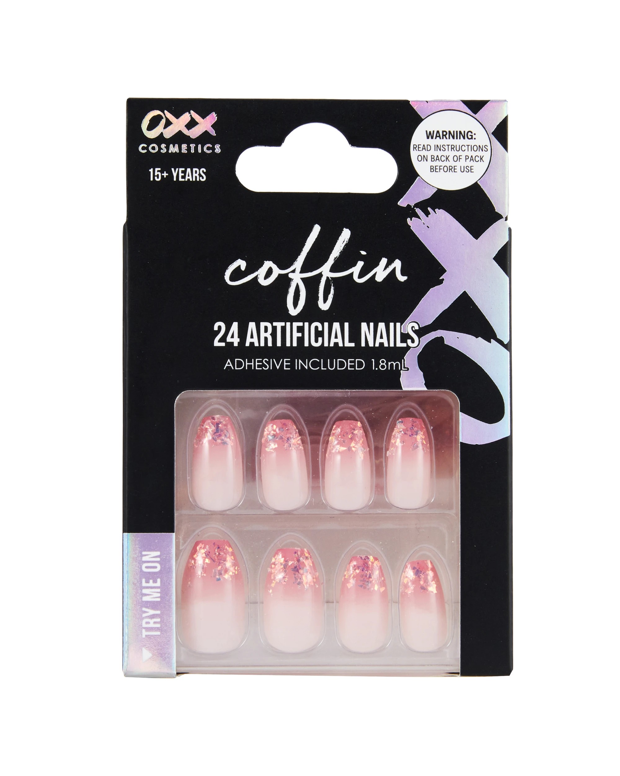 1 OXX Cosmetics 24 Pack Artificial Nails with Adhesive - Pointed Stiletto Shape, Coffin Pink Crystal Tips, 1 of 4