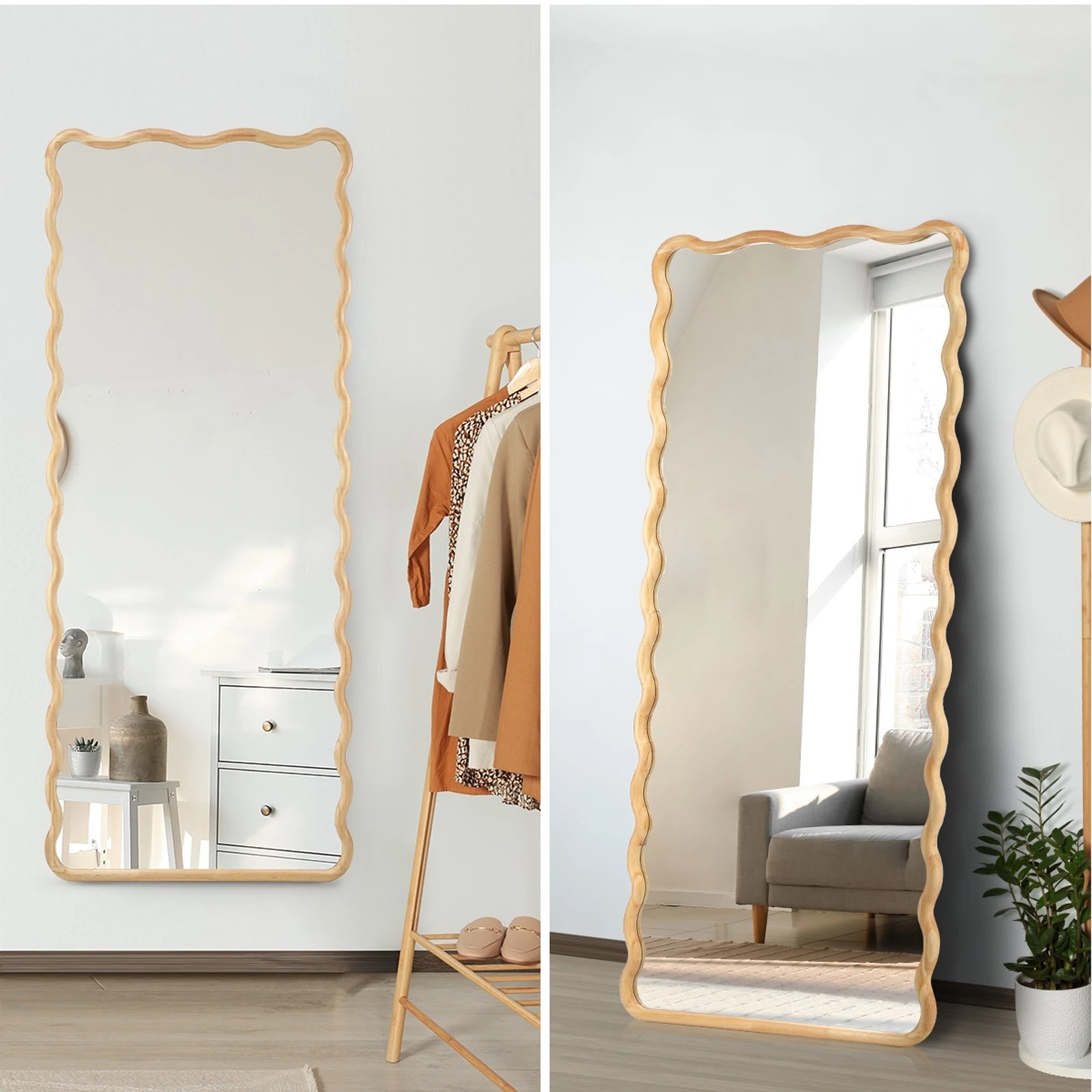 4 Oikiture Wooden Full Length Mirror 165x60cm Wavy Dressing Floor Mirrors
 - Natural, 4 of 9