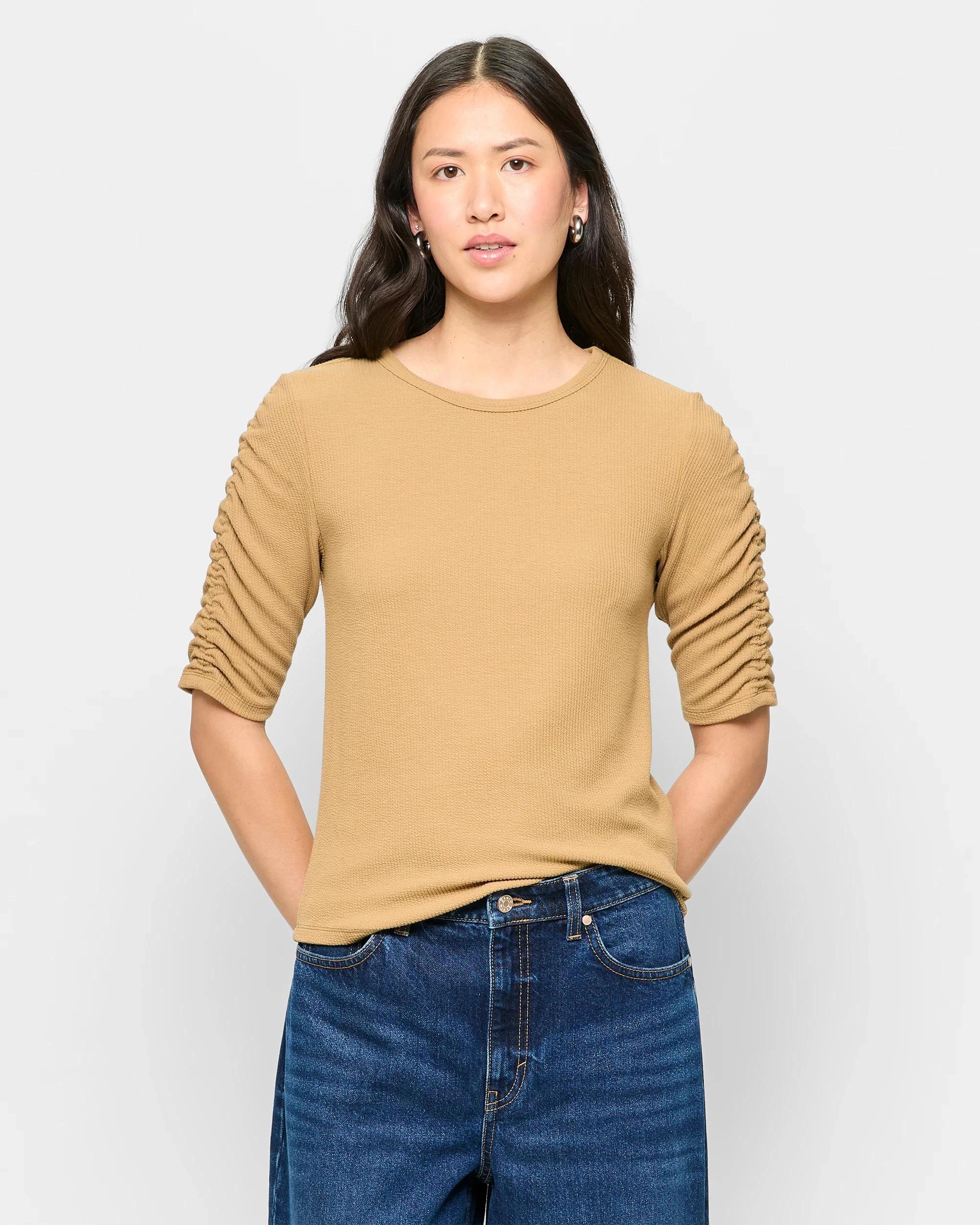 1 Target Ruched Sleeve Textured Top TEAKWOOD, 1 of 5