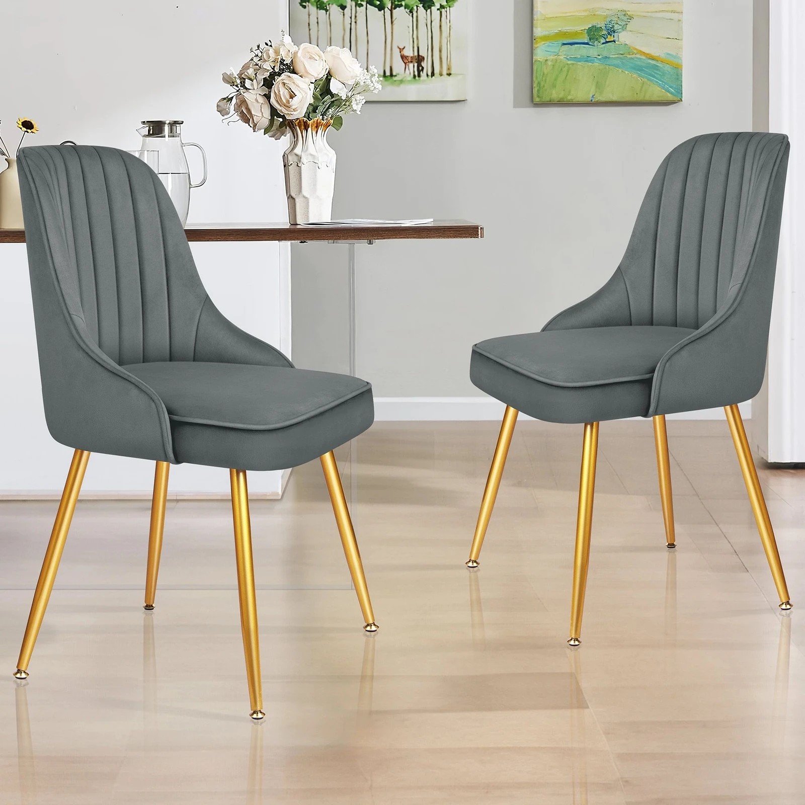 5 Alfordson 2x Dining Chairs Kitchen Accent Lounge Padded Tufted Seat Velvet - Grey, 5 of 10