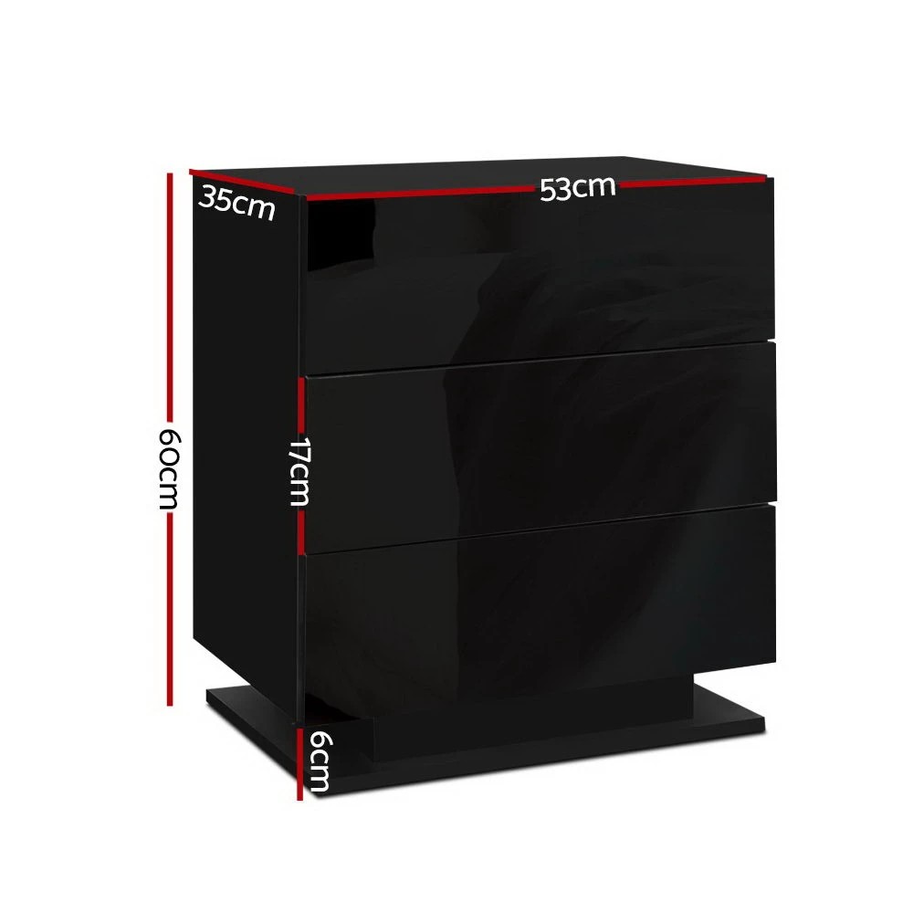 2 Artiss Bedside Table LED 3 Drawers - Black, 2 of 6