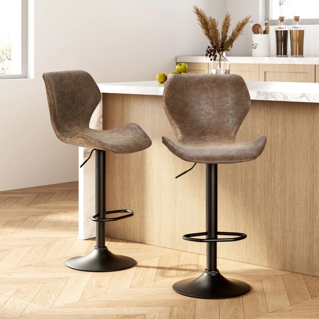 3 Artiss 2x Bar Stools Vintage Leather Gas Lift - Brown, 3 of 5