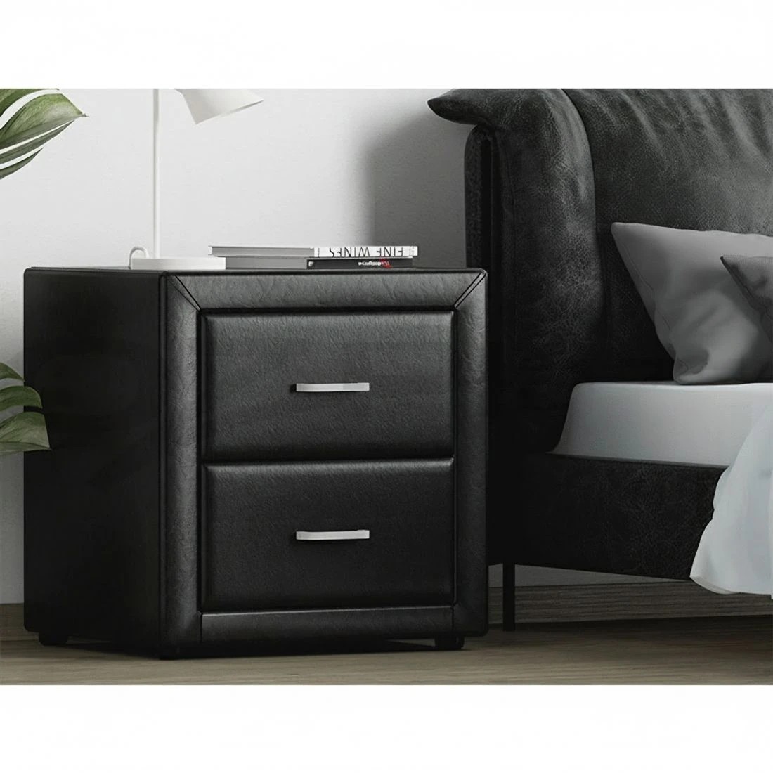 7 Artiss 2X Bedside Table 2 Drawers Side Table Leather - CADEN - Black, 7 of 8
