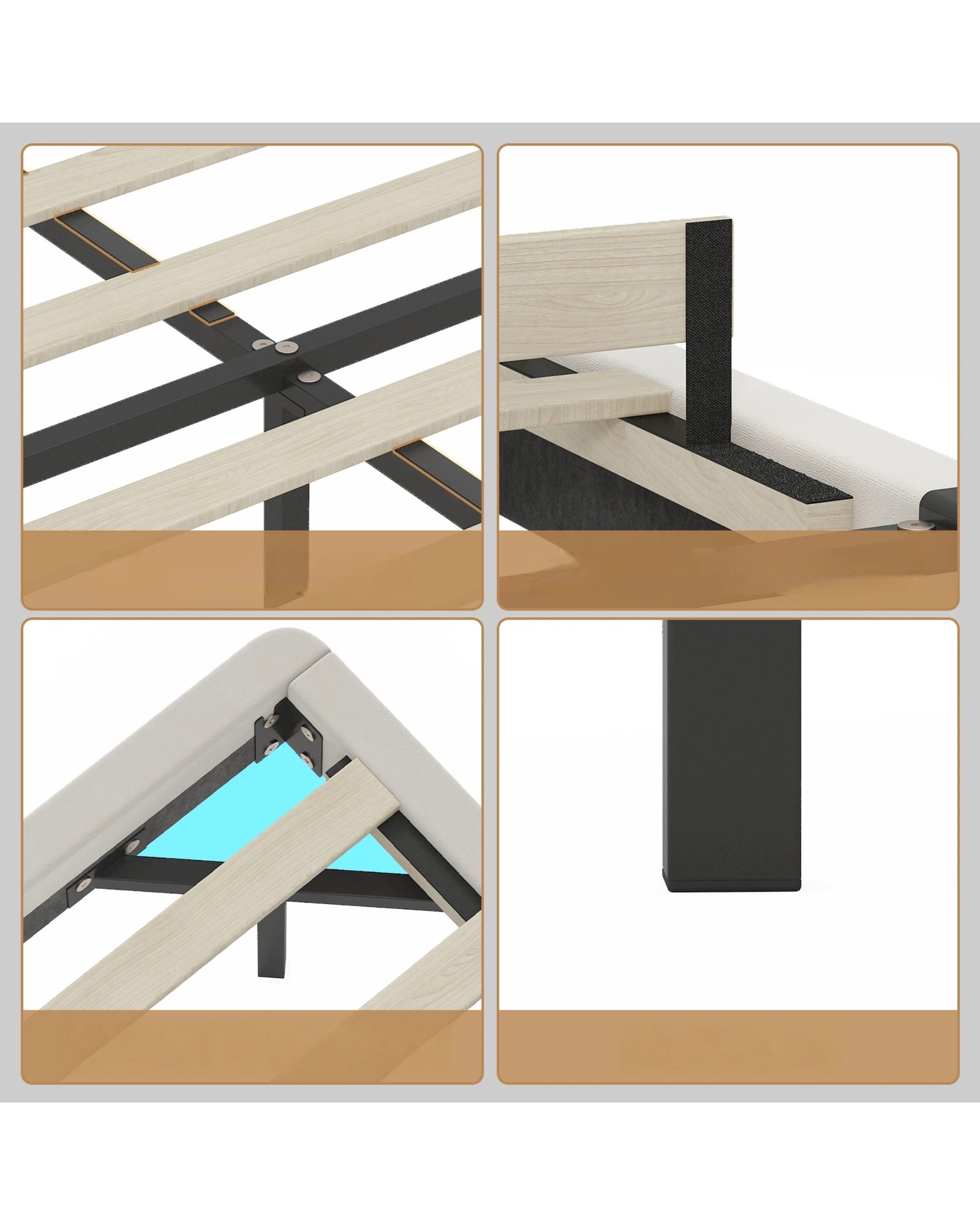 8 Advwin Bed Frame Queen Size PU Leather Wooden Frames Mattress Base Platform - Beige, 8 of 10