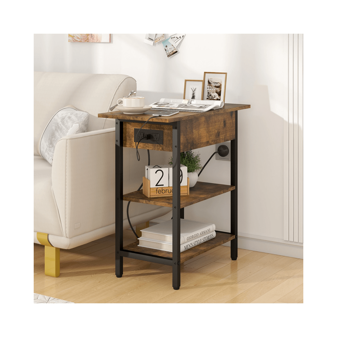 3 Advwin Side Table Flip Top Sofa End Table W/ Charging Station Narrow Bedside Table Walnut, 3 of 8