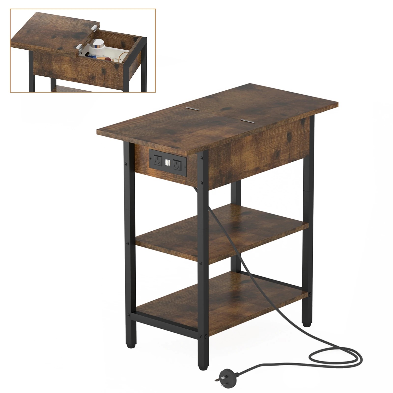 2 Advwin Flip Top Side Table W/ Charging Station Walnut, 2 of 6