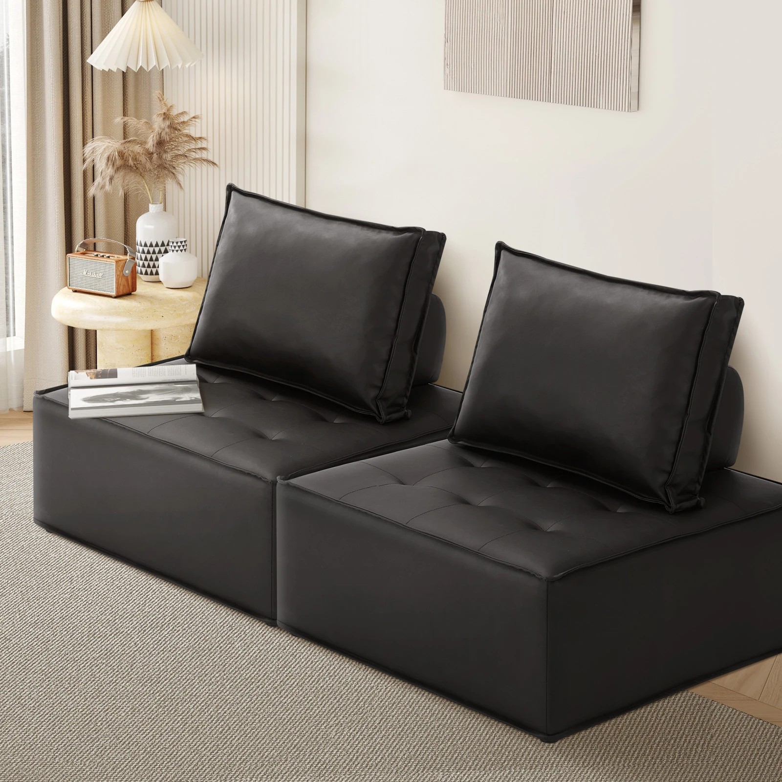 2 Oikiture 2pc Modular Sofa Lounge Chair Armless Tofu Back Pu Leather
 - Black, 2 of 10