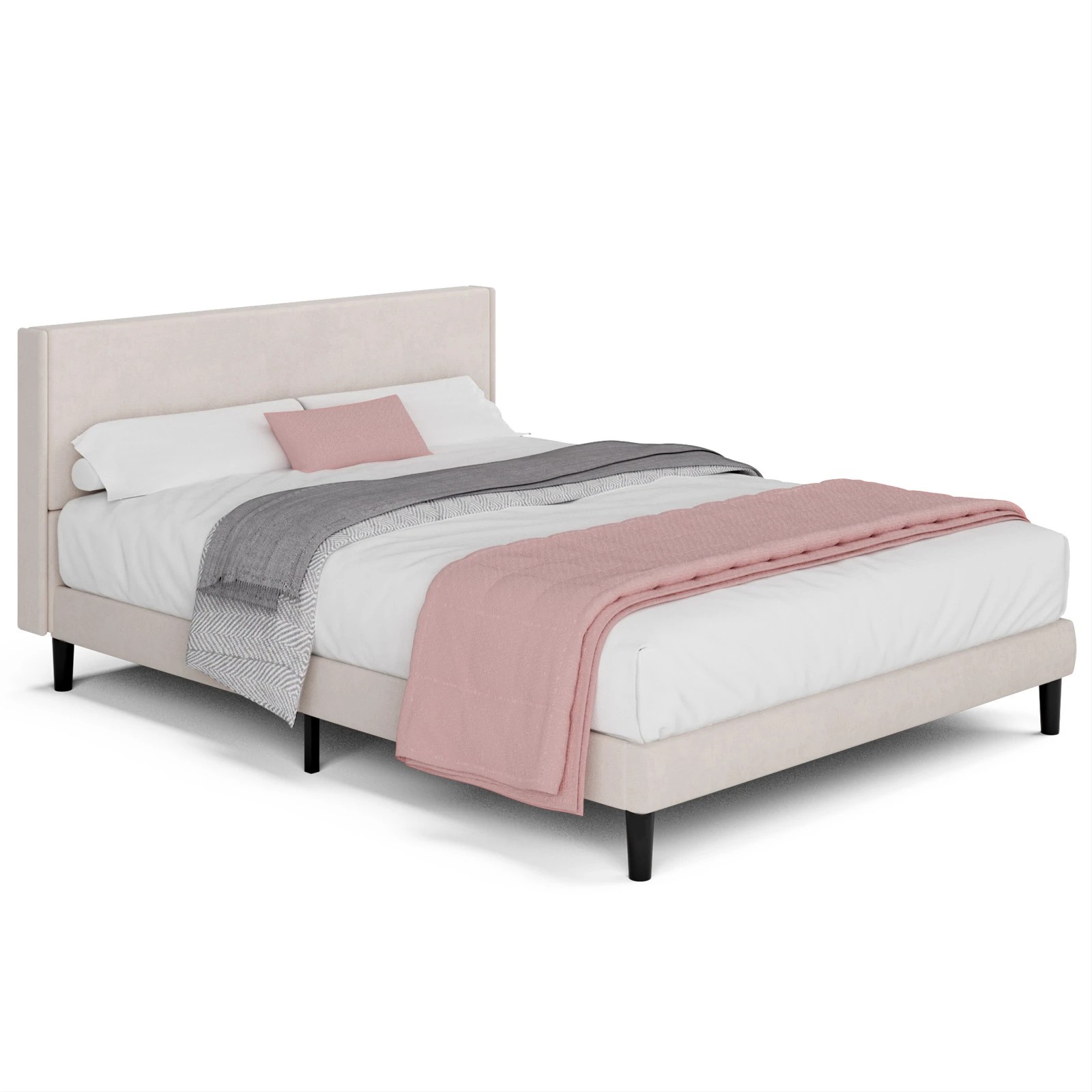 1 Advwin Bed Frame Double Size Mattress Base Upholstered Platform - Beige, 1 of 7