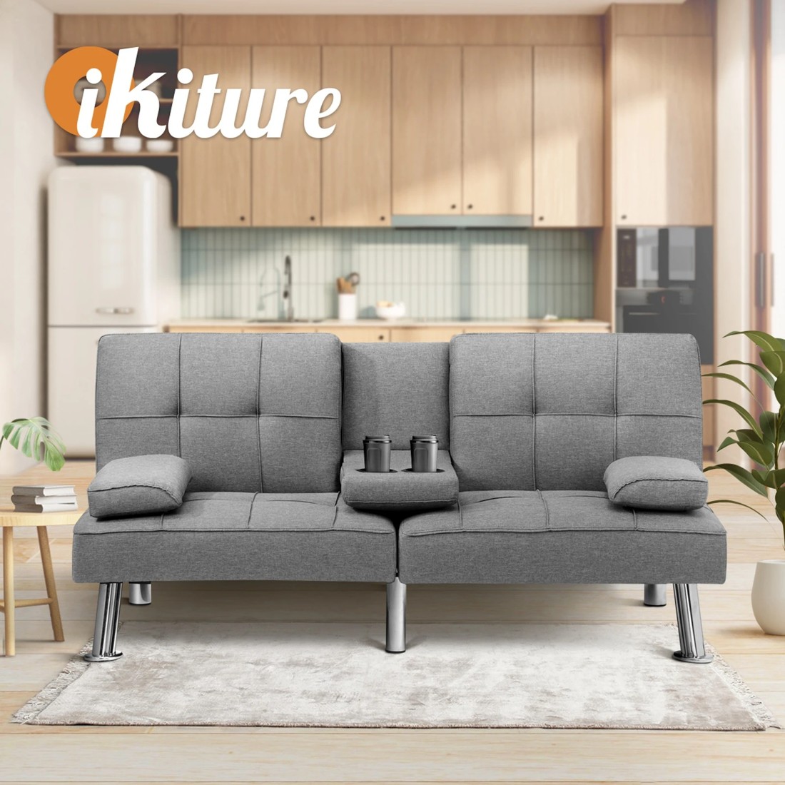 7 Oikiture Sofa Bed Lounge 3 Seater Futon Couch Beds Recliner Cup Holder Fabric
 - Grey, 7 of 10