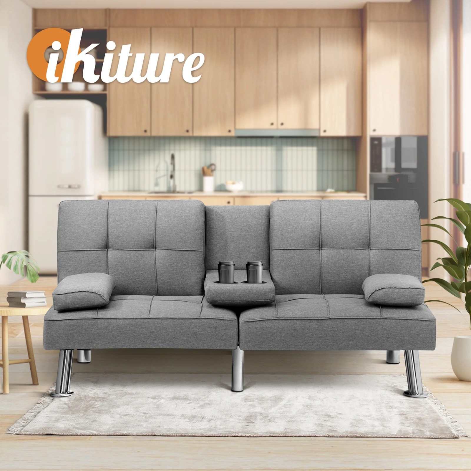 7 Oikiture Sofa Bed Lounge 3 Seater Futon Couch Beds Recliner Cup Holder Fabric
 - Grey, 7 of 10