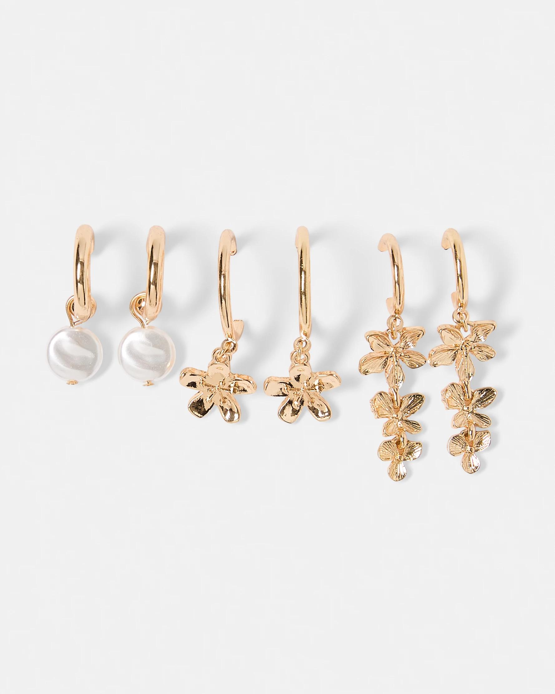 1 3 Pack Flower Hoop Earrings - Gold Tone Gold, 1 of 5