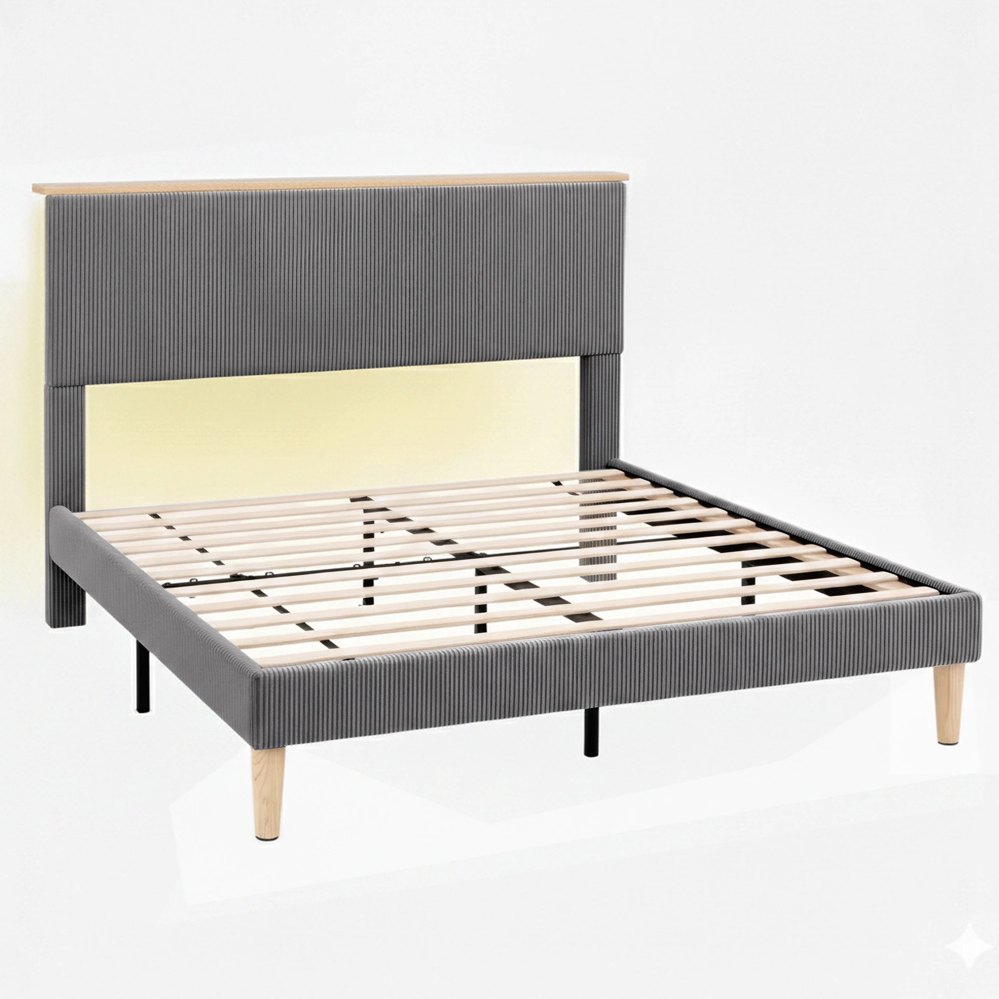 1 Artiss Double Bed Frame Upholste Adjustable Headboard Mood Lighting Corduroy - Grey, 1 of 2