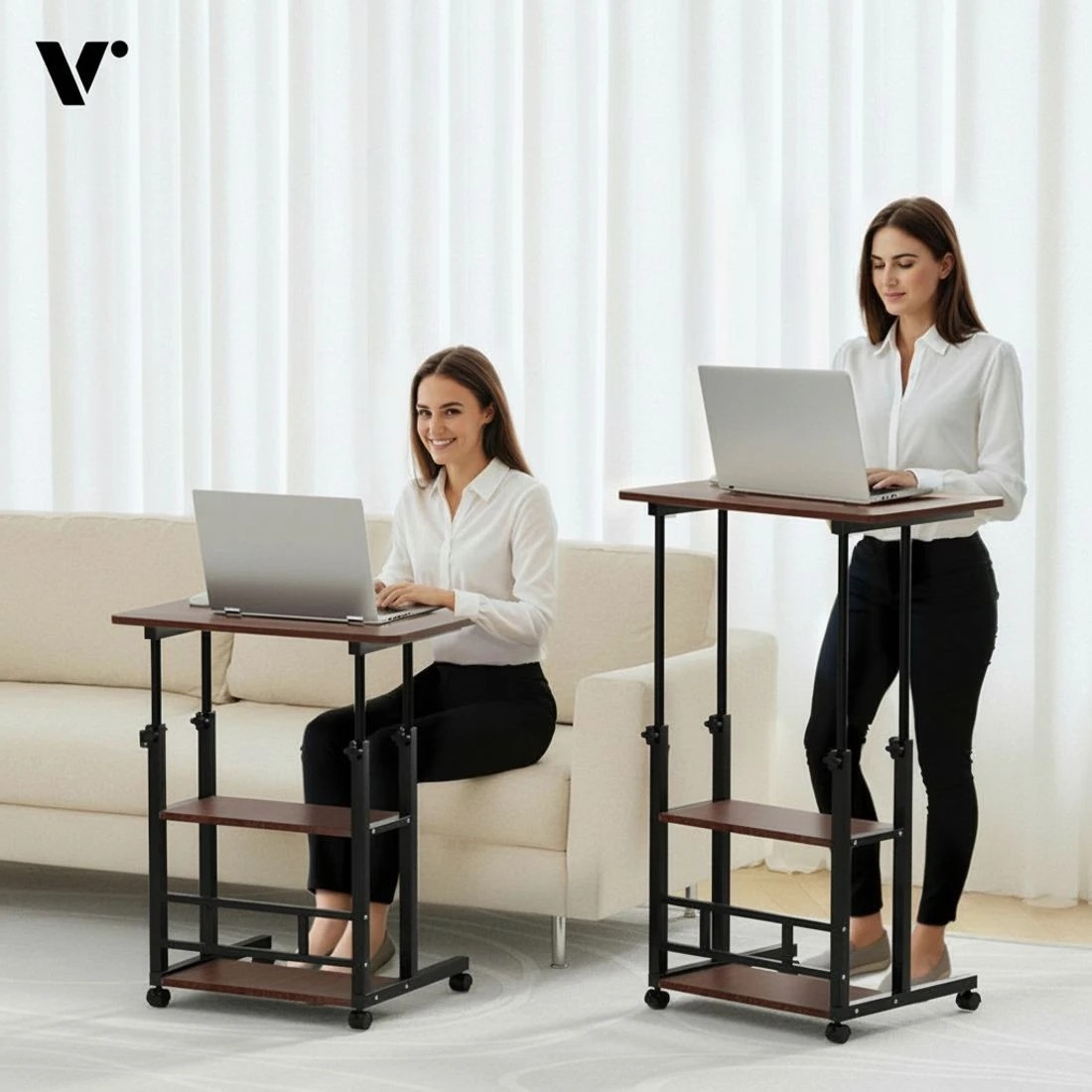 6 Artiss Laptop Desk Adjustable Height Mobile Workstation Computer Desk 60cm Standing Desk Lockable Wheels - Black, 6 of 6