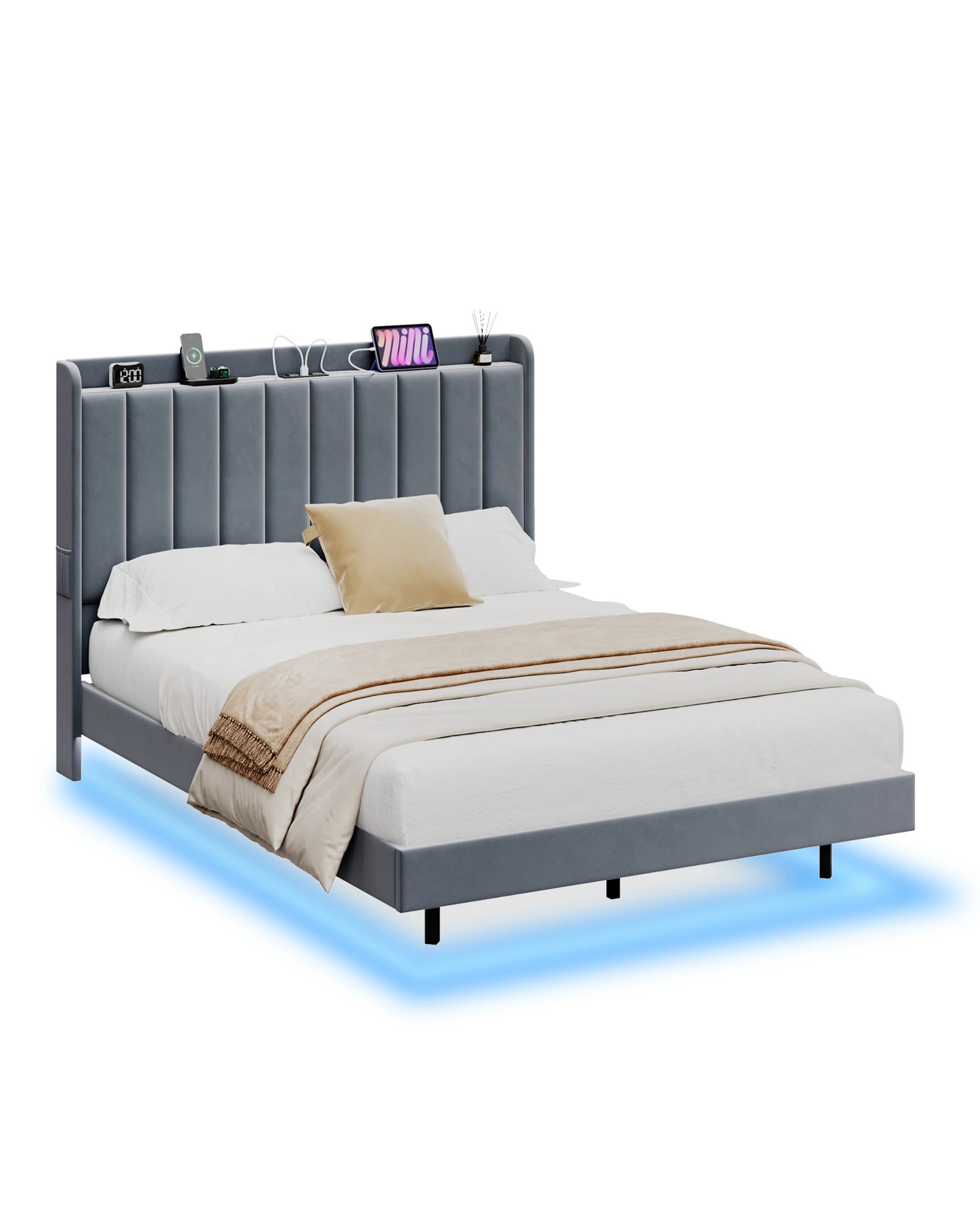 1 Advwin Double Velvet Floating Bed Frame with RGB LED and Charging Station - Grey, 1 of 7