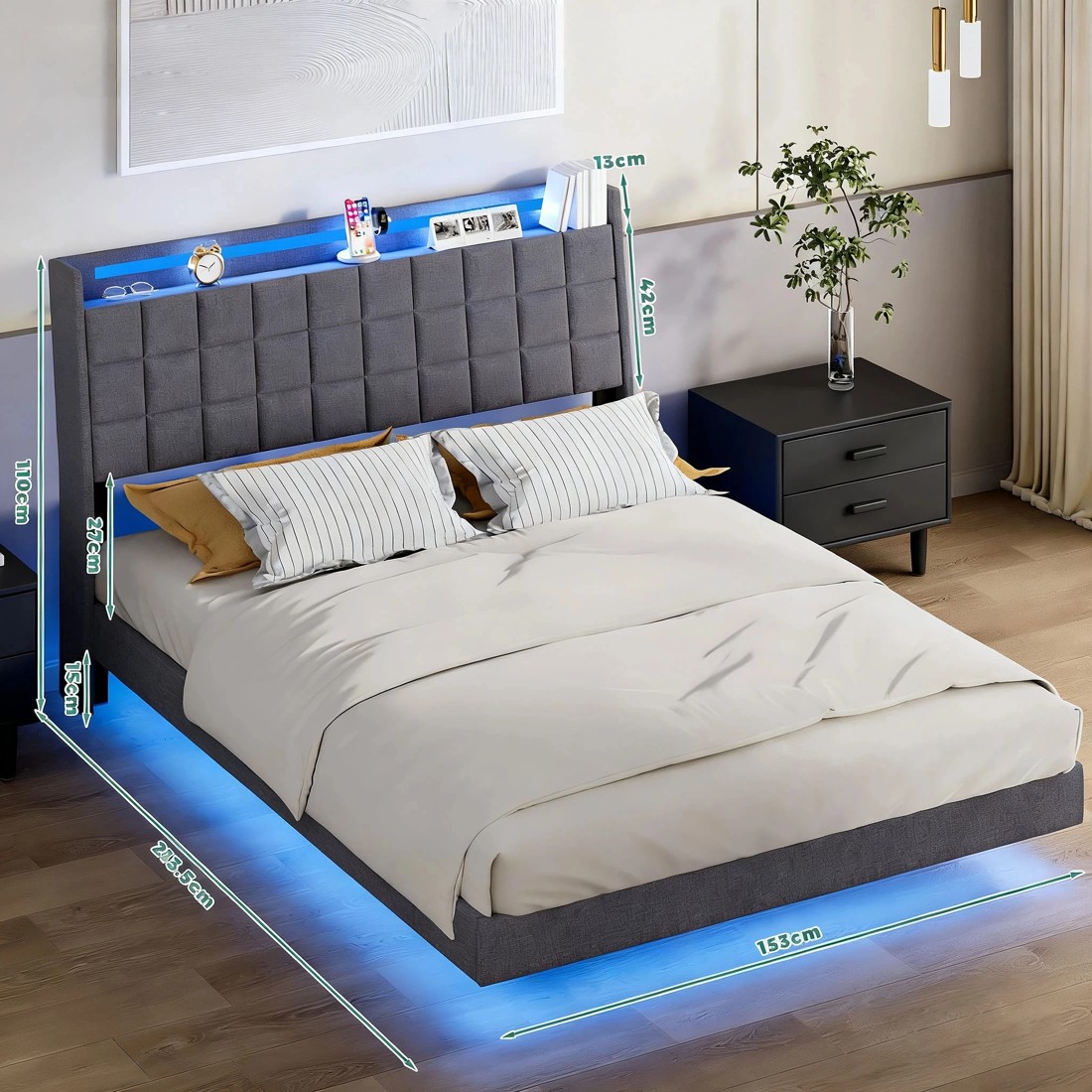 5 Advwin Queen Size Floating Bed Frame with Led Lights and Storage Headboard Dark Grey, 5 of 9