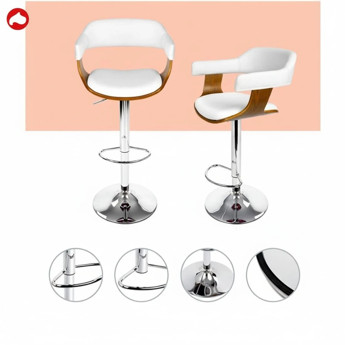 6 Artiss 2x Bar Stools Gas Lift Leather w/Armrest - White, 6 of 7