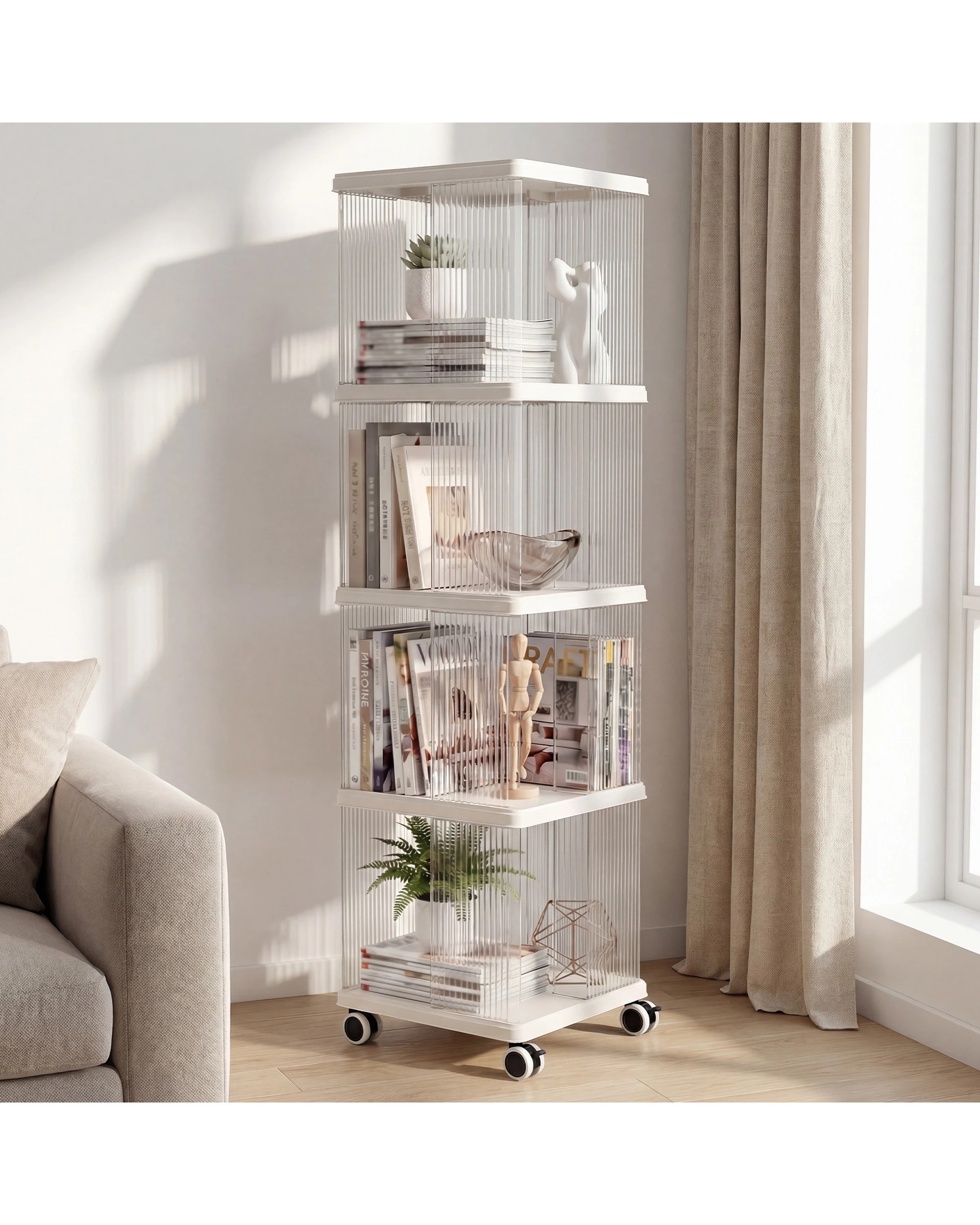 3 Advwin 4-Tier Rolling Bookshelf Display Unit - Beige+Clear, 3 of 8