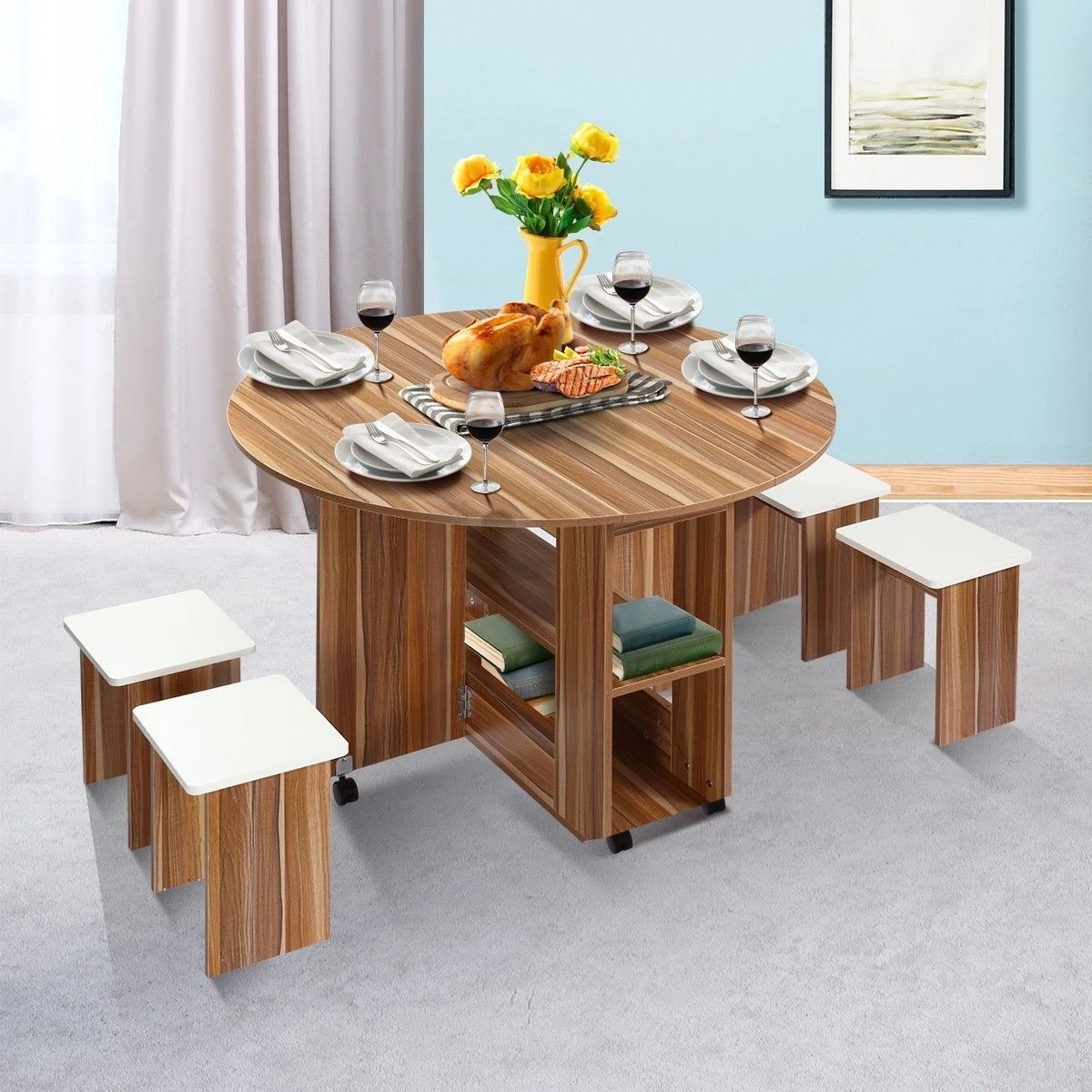 5 Ausway Wooden Folding Dining Round Table 4 Chairs Set with Wheels, 5 of 5