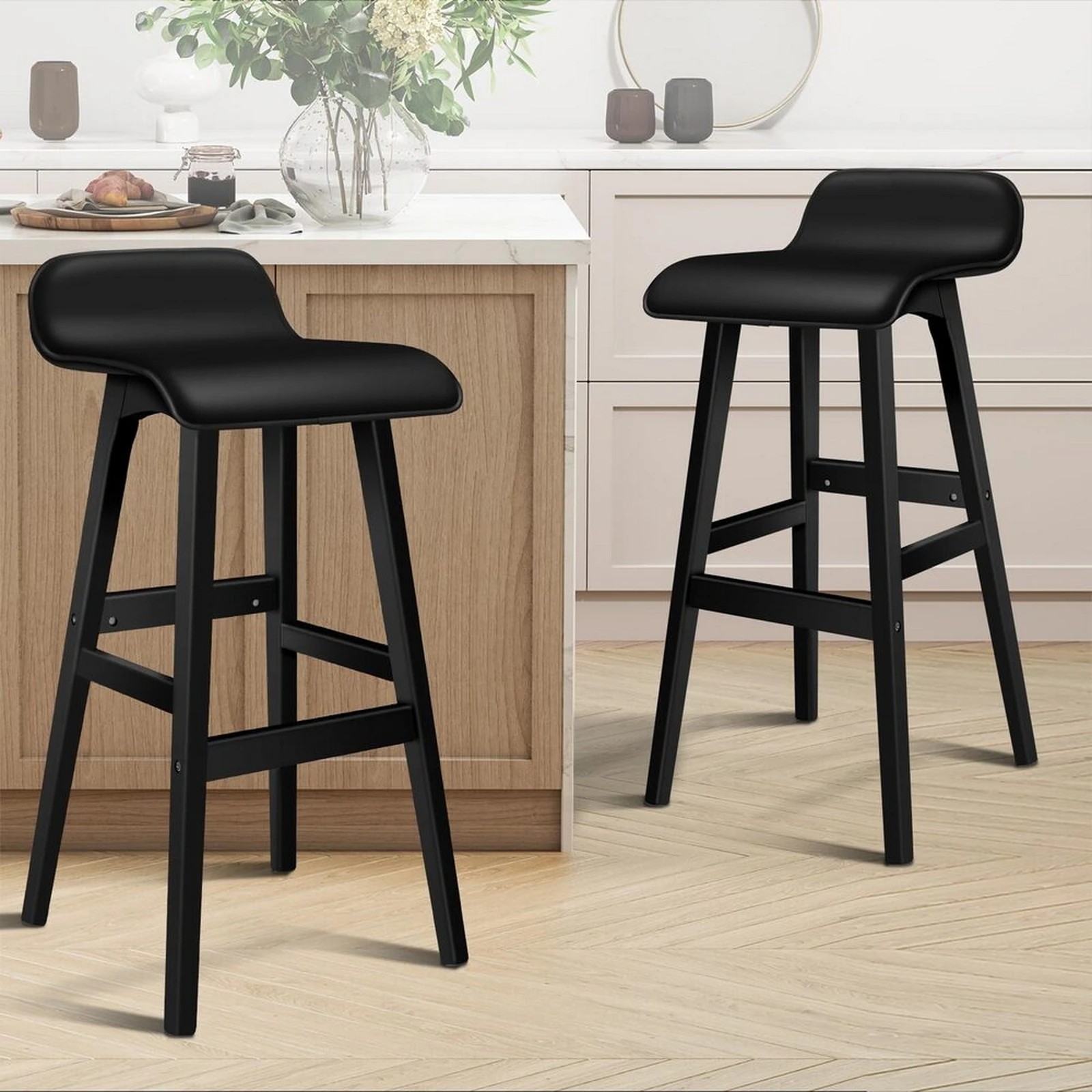 10 Alfordson 2x Wooden Bar Stools Kitchen Dining Chair Leather Samuel - Black, 10 of 10
