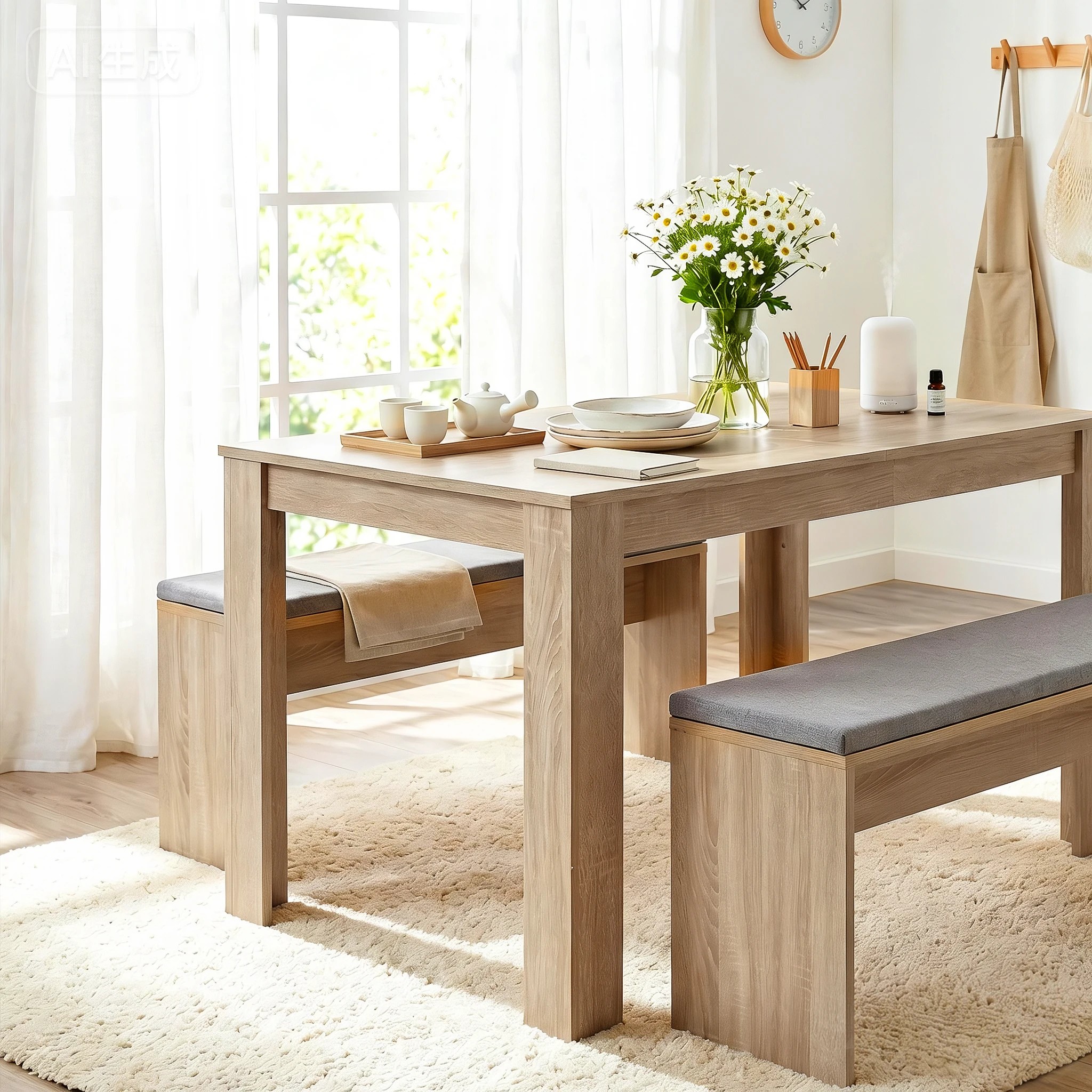 7 Artiss Dining Table and Chairs Set of 3 Bench Kitchen Furniture - Natural, 7 of 10