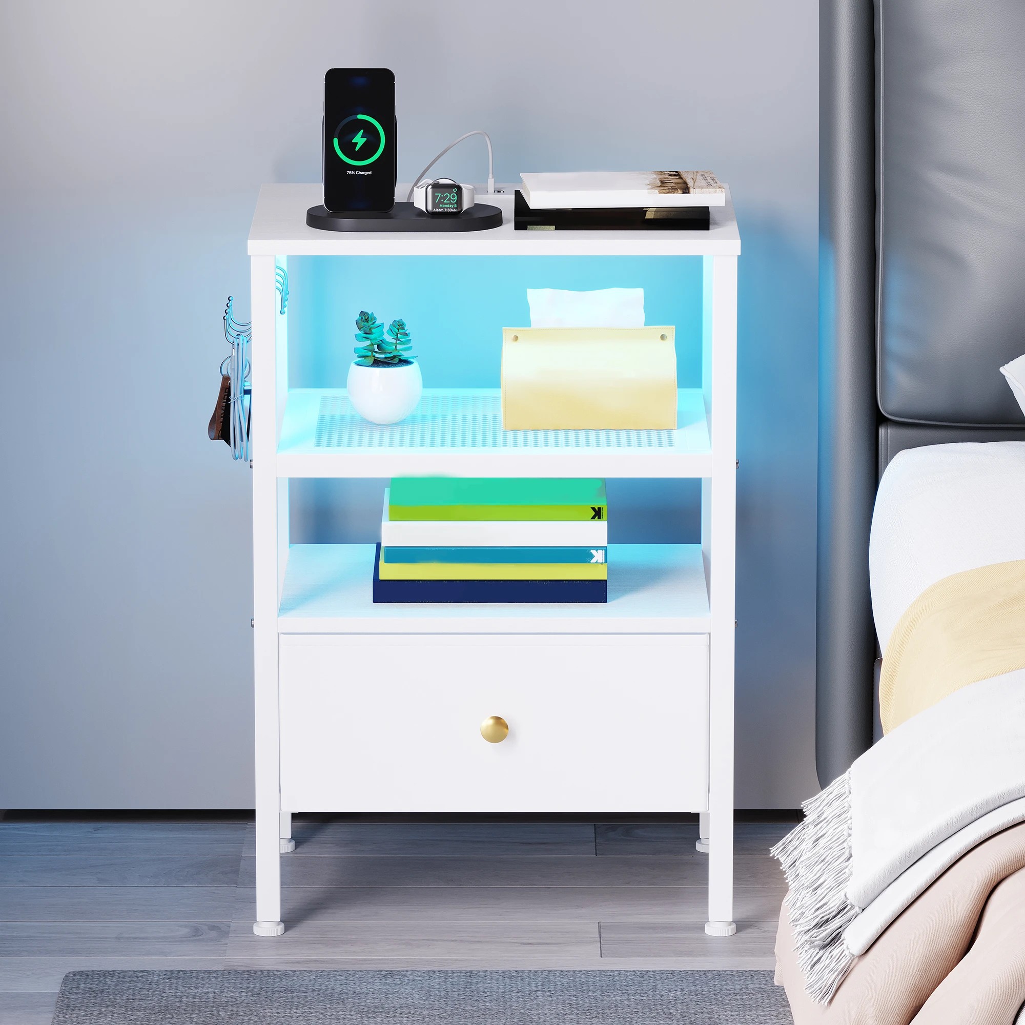5 Advwin Set of 2 Bedside Table with Charging Station LED Lights Drawer - White, 5 of 7