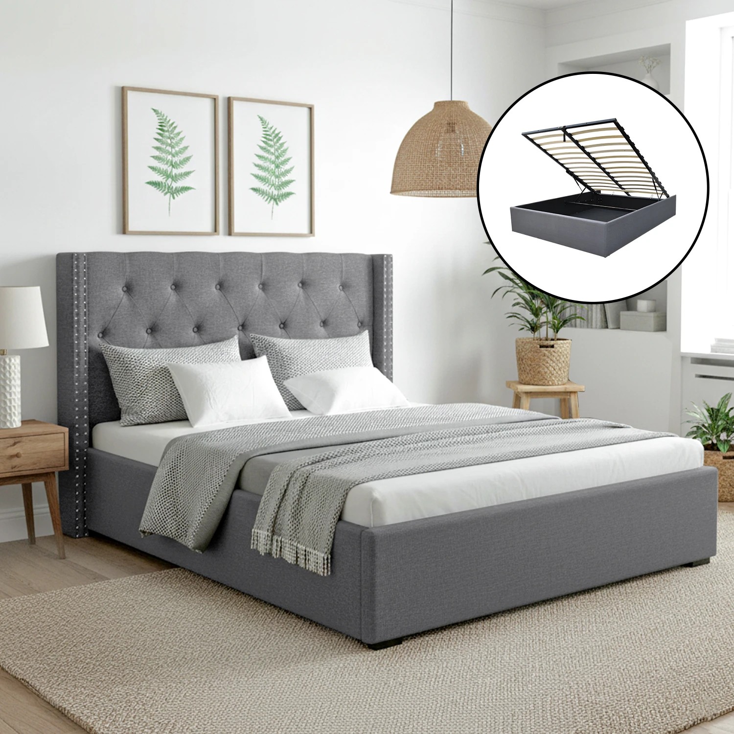 1 Artiss Queen Bed Frame Storage Tufted Headboard Gas Lift Base - Grey - Grey, 1 of 10