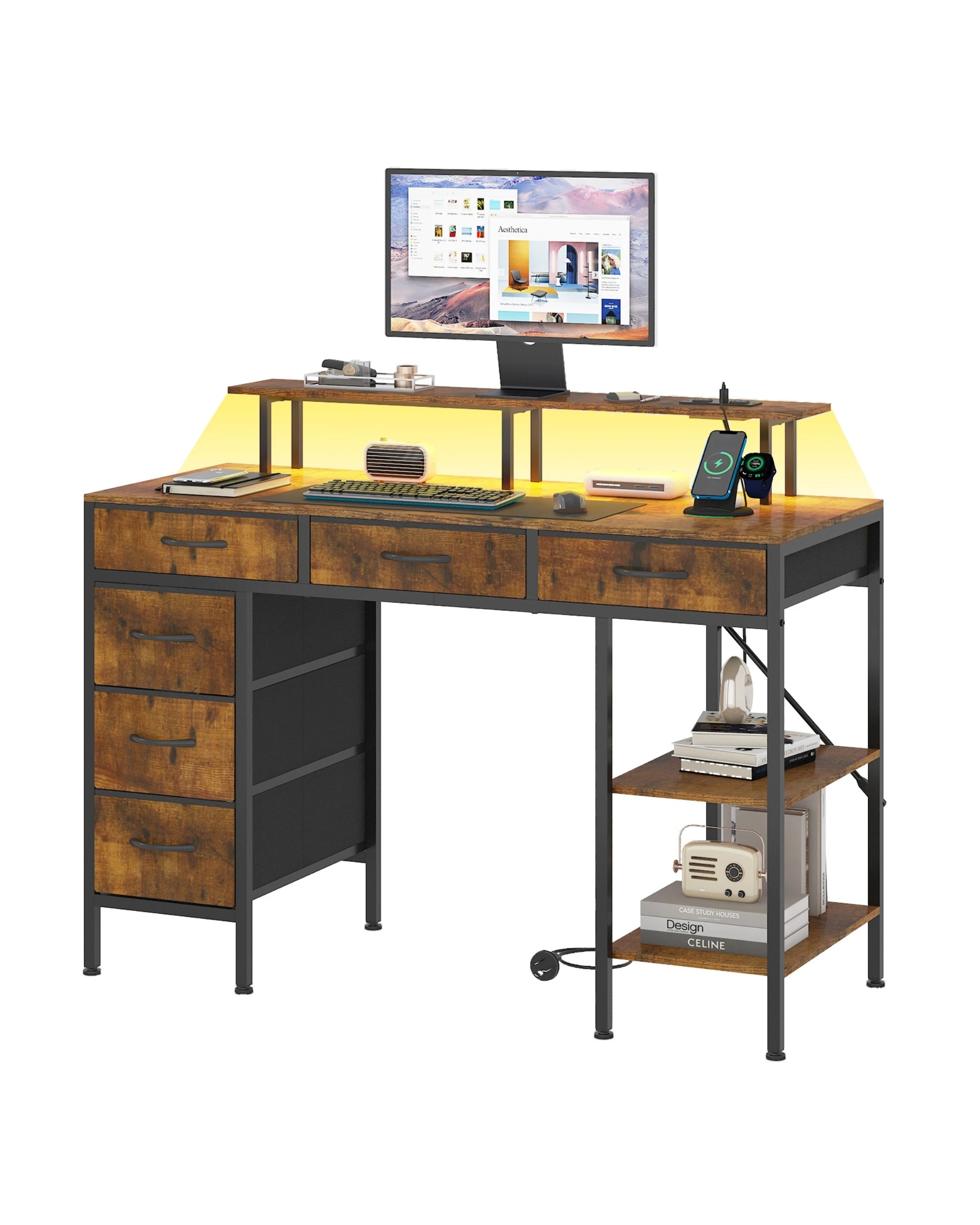 4 Advwin Computer Desk with LED Lights & Power Outlets, 120cm Gaming Desk with 6 Fabric Drawers, 4 of 9