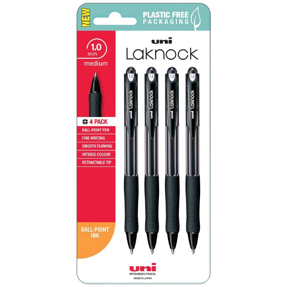 1 Uni Laknock Retractable Ballpoint Pens 1.0 Black 4 Pack, 1 of 2