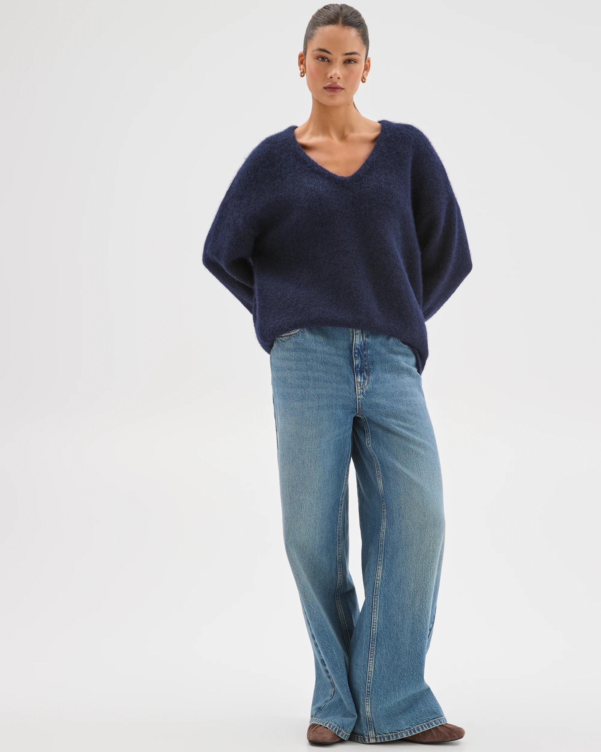 1 Lily Loves V-Neck Fluffy Knit Jumper DEEP NAVY, 1 of 7