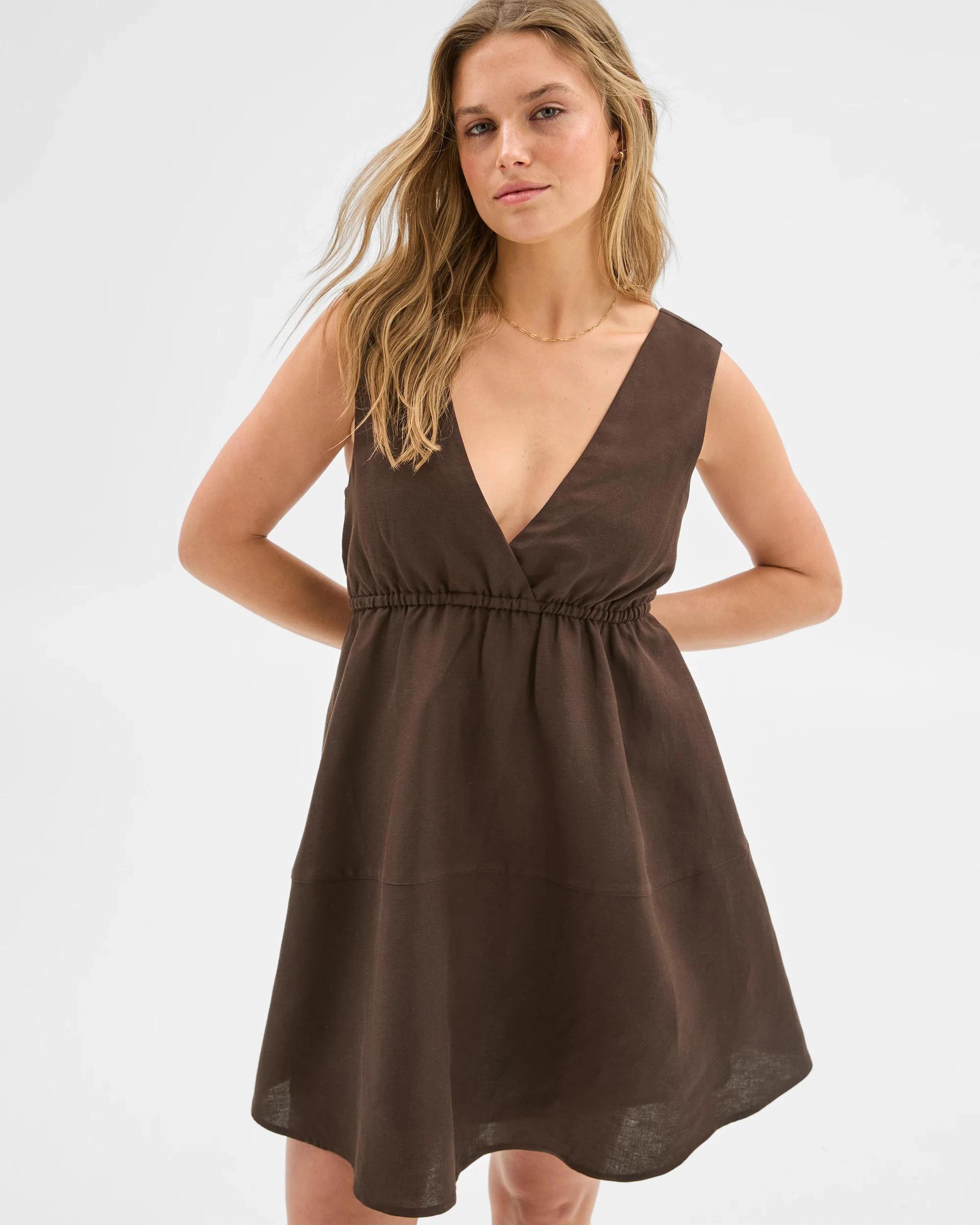 2 European Linen Blend Cinched Waist Mini Dress - Lily Loves DEEP BROWN, 2 of 6