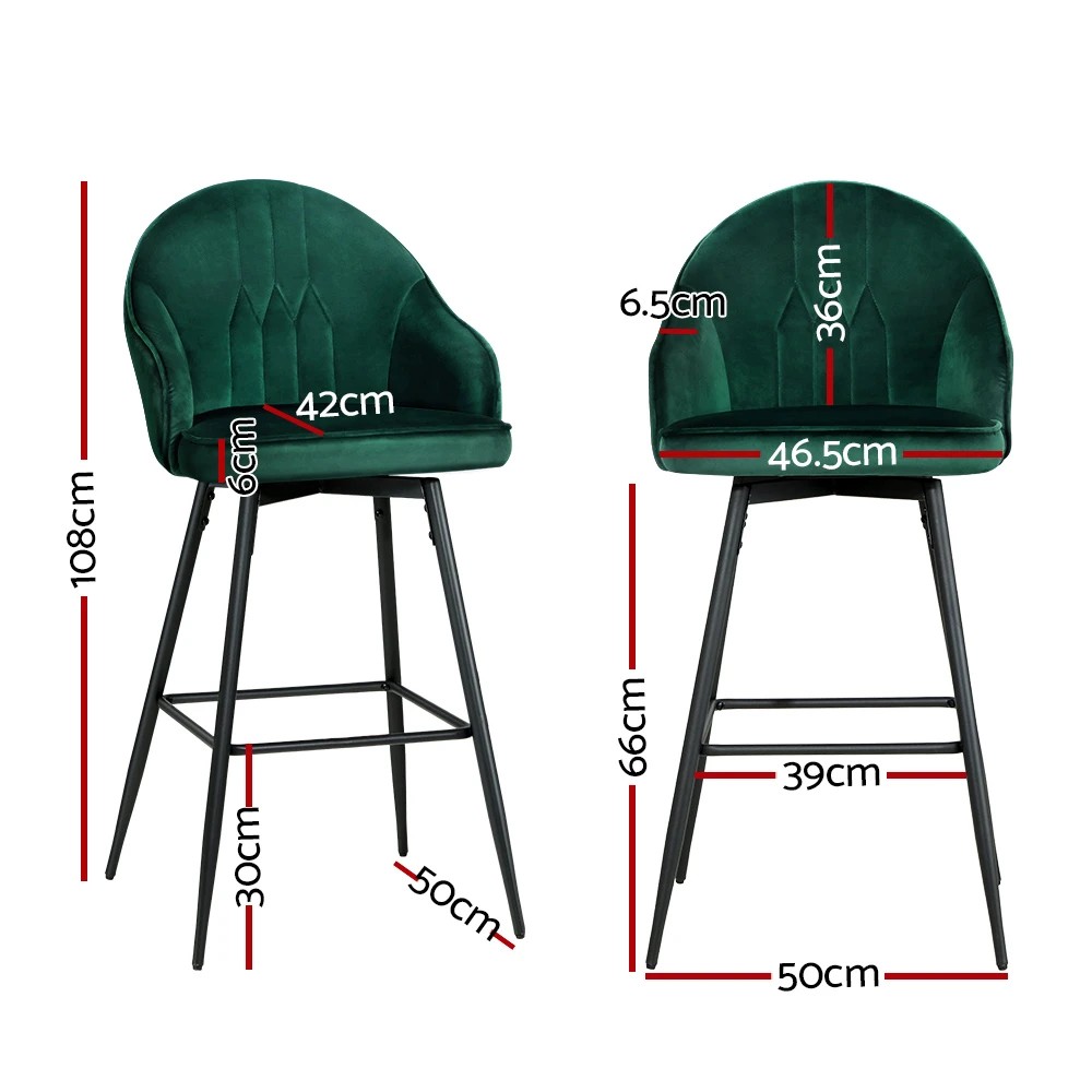 2 Artiss 2x Bar Stools Velvet Swivel Metal Legs Green - Green, 2 of 5