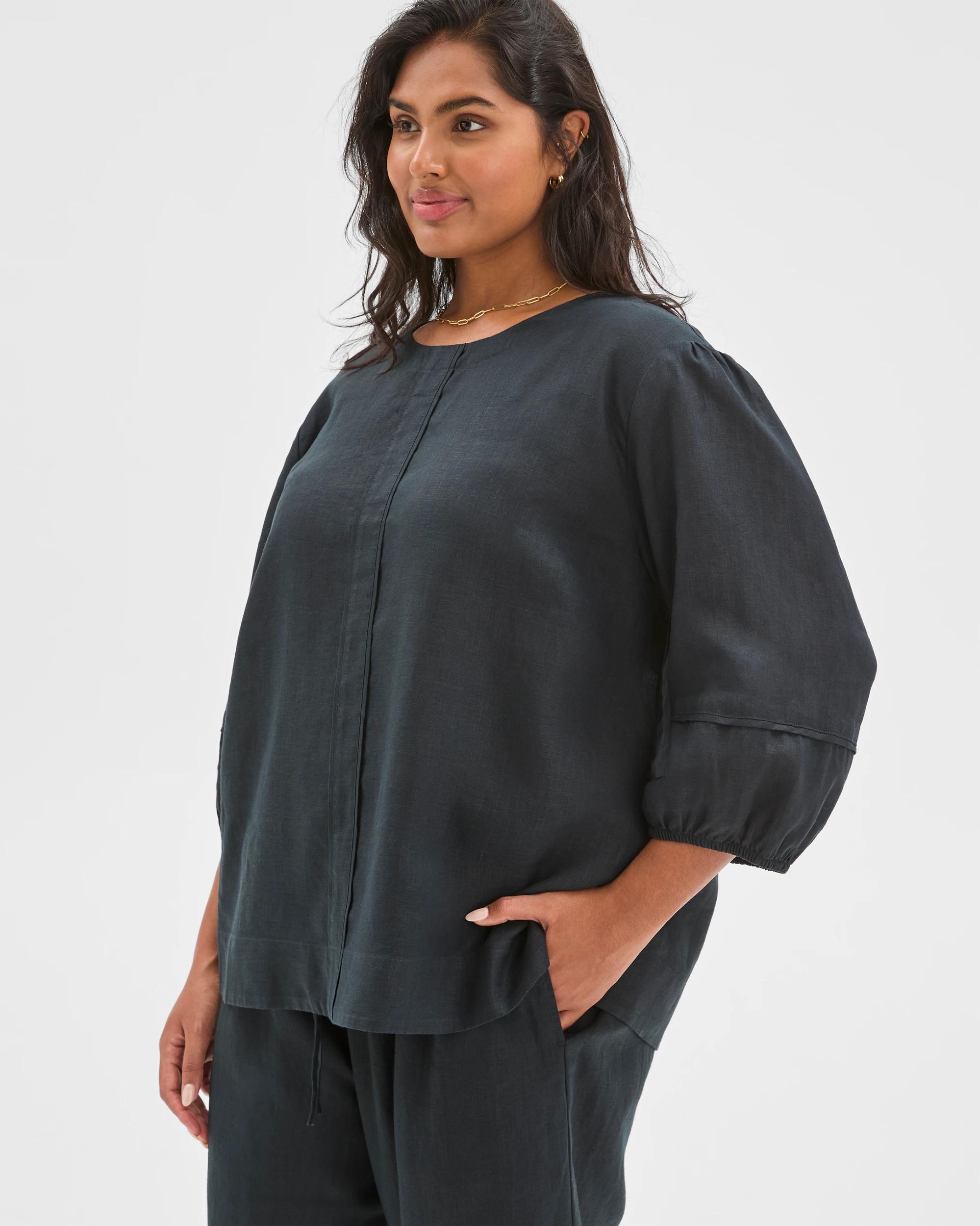 4 Target Curve Plus Size European Linen Balloon Sleeve Blouse BLACK, 4 of 6
