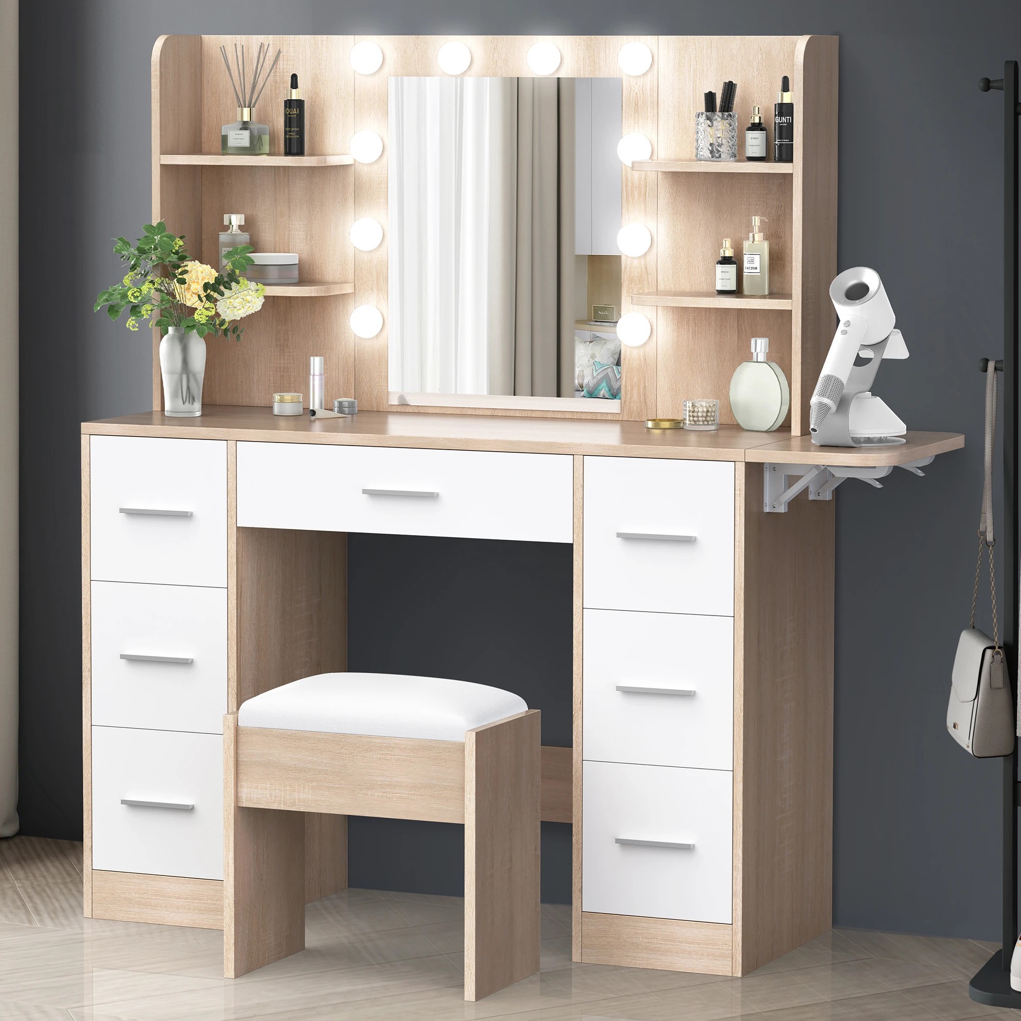 3 Alfordson Dressing Table Stool Set Makeup Mirror Vanity Desk LED Bulbs - Oak, 3 of 10