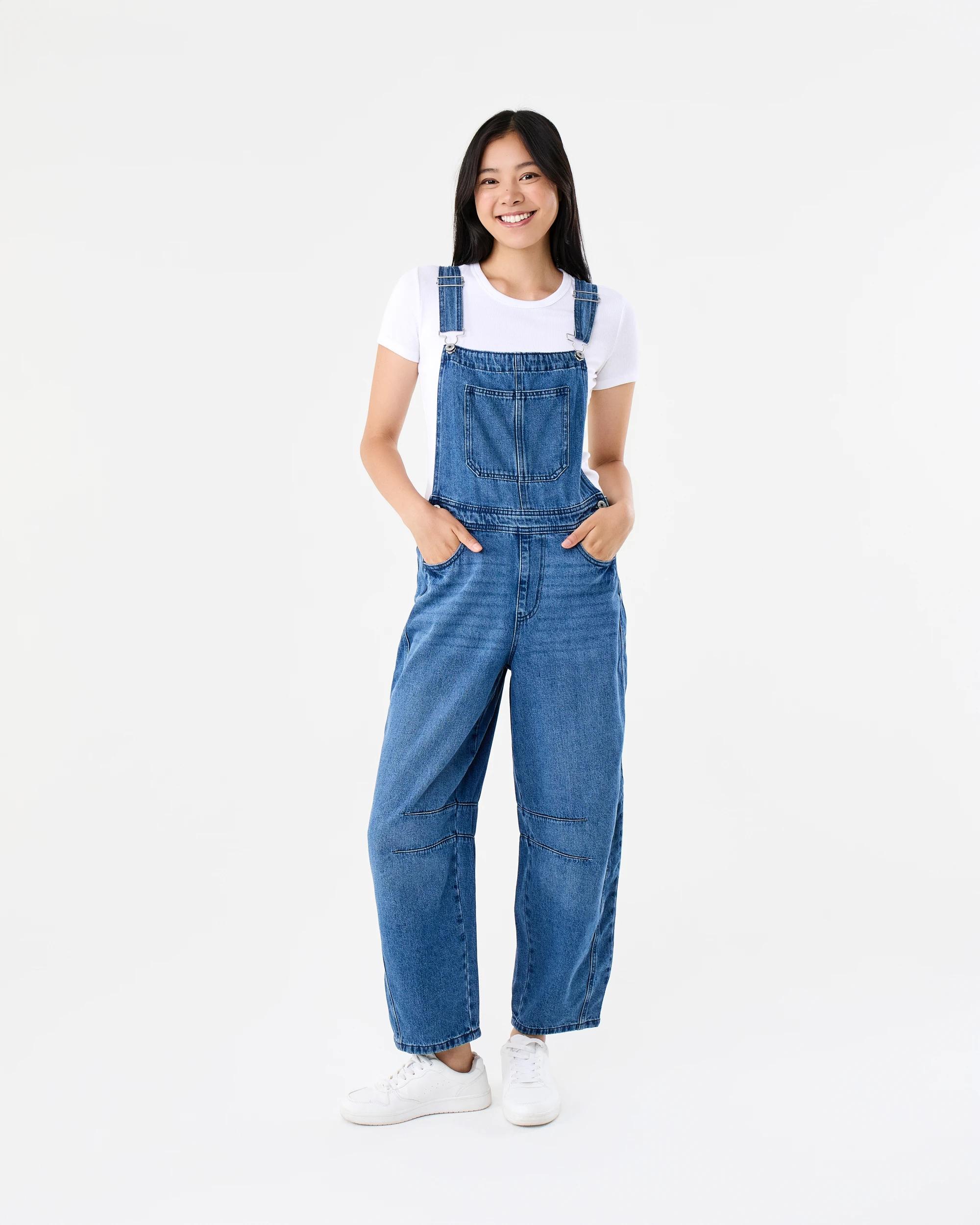 1 Sleeveless Barrel Leg Dungaree Mid Wash, 1 of 9