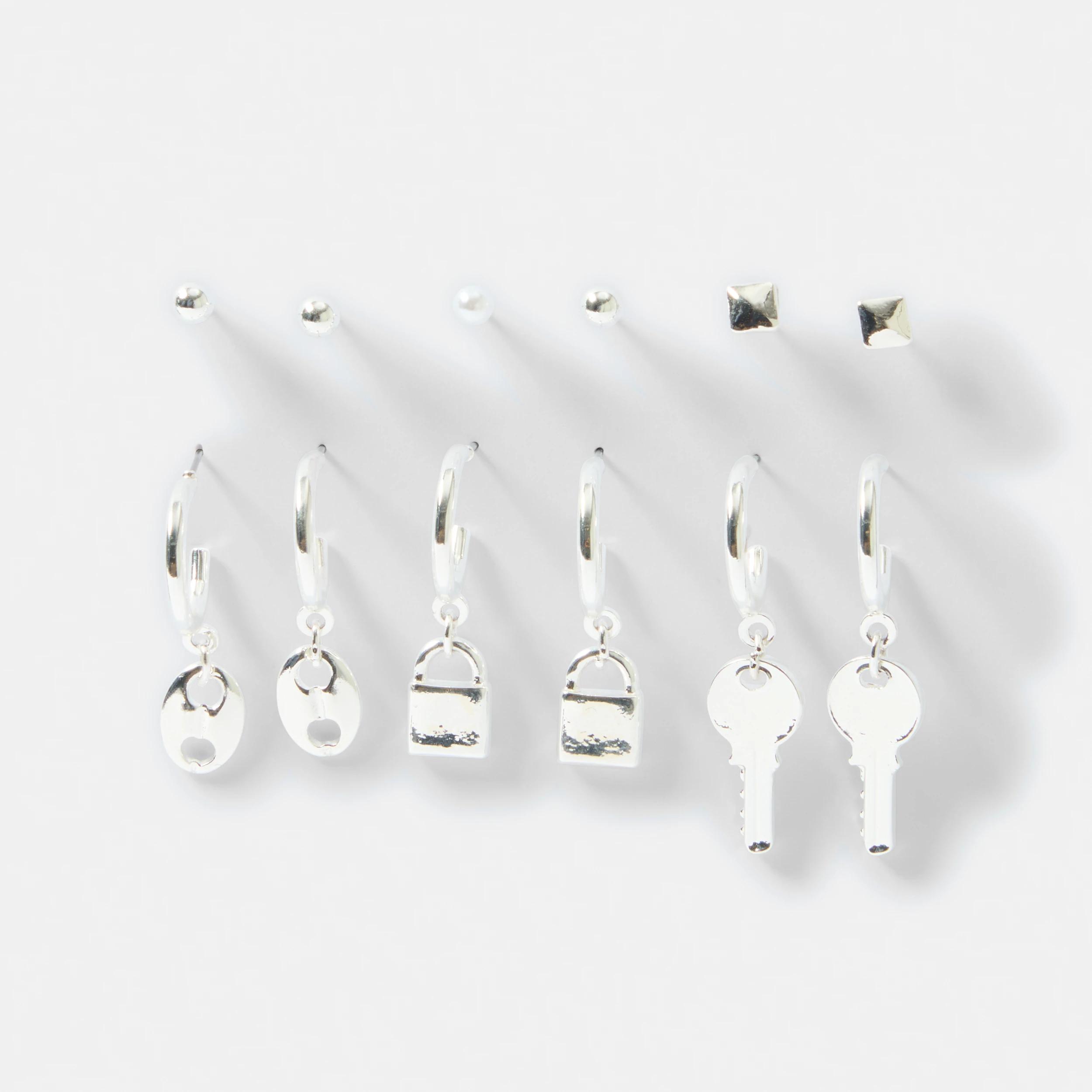 1 6 Pack Lock Key Hoop Earrings - Silver Tone Silver, 1 of 4